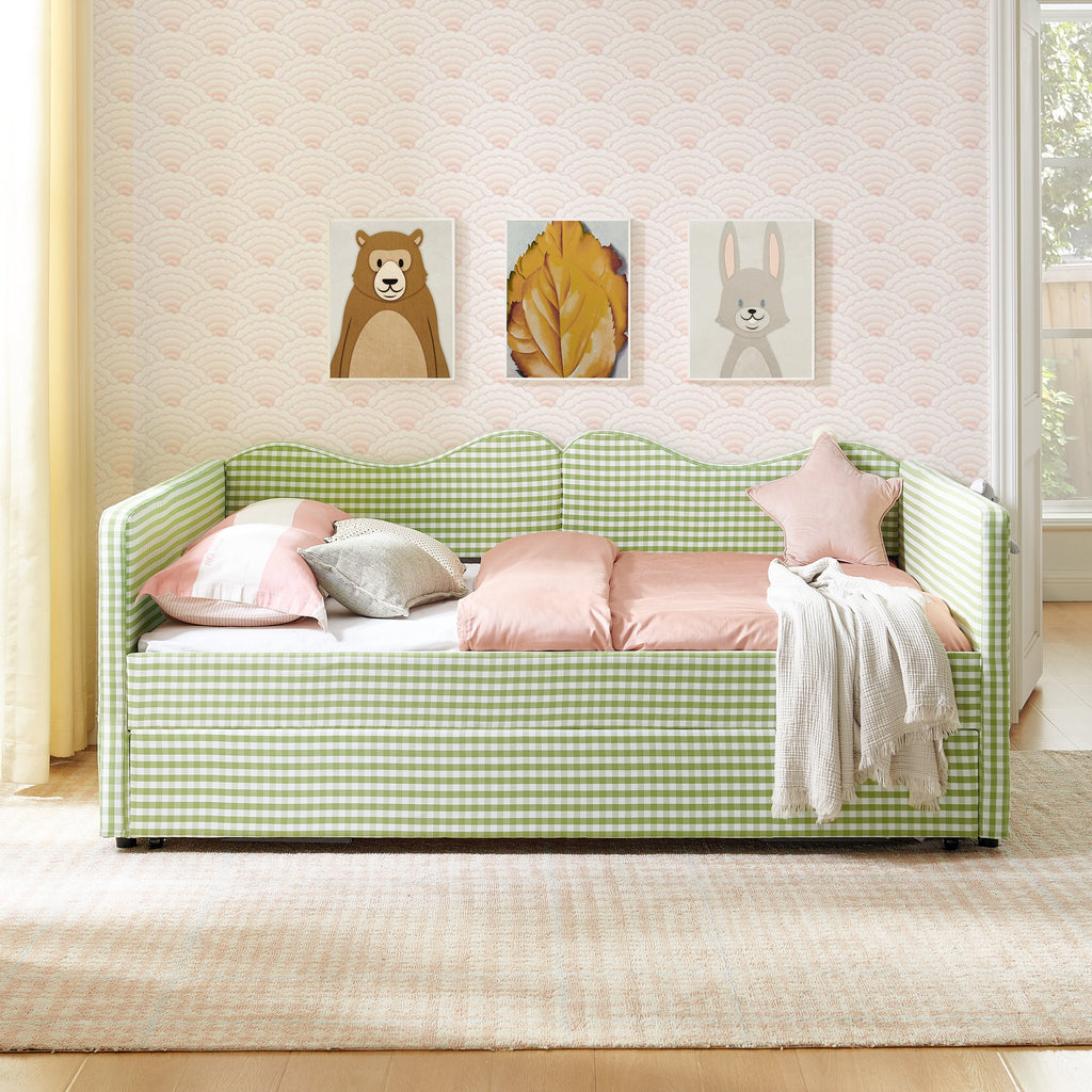 Full‑Size Daybed,Gingham Upholstered Daybed Equipped with Pull-Out Trundle Bed Frame & Side Storage Pocket, Solid Wood Frame Multi-Functional Sofa Bed for Kids Room & Guest Bedroom-PINK