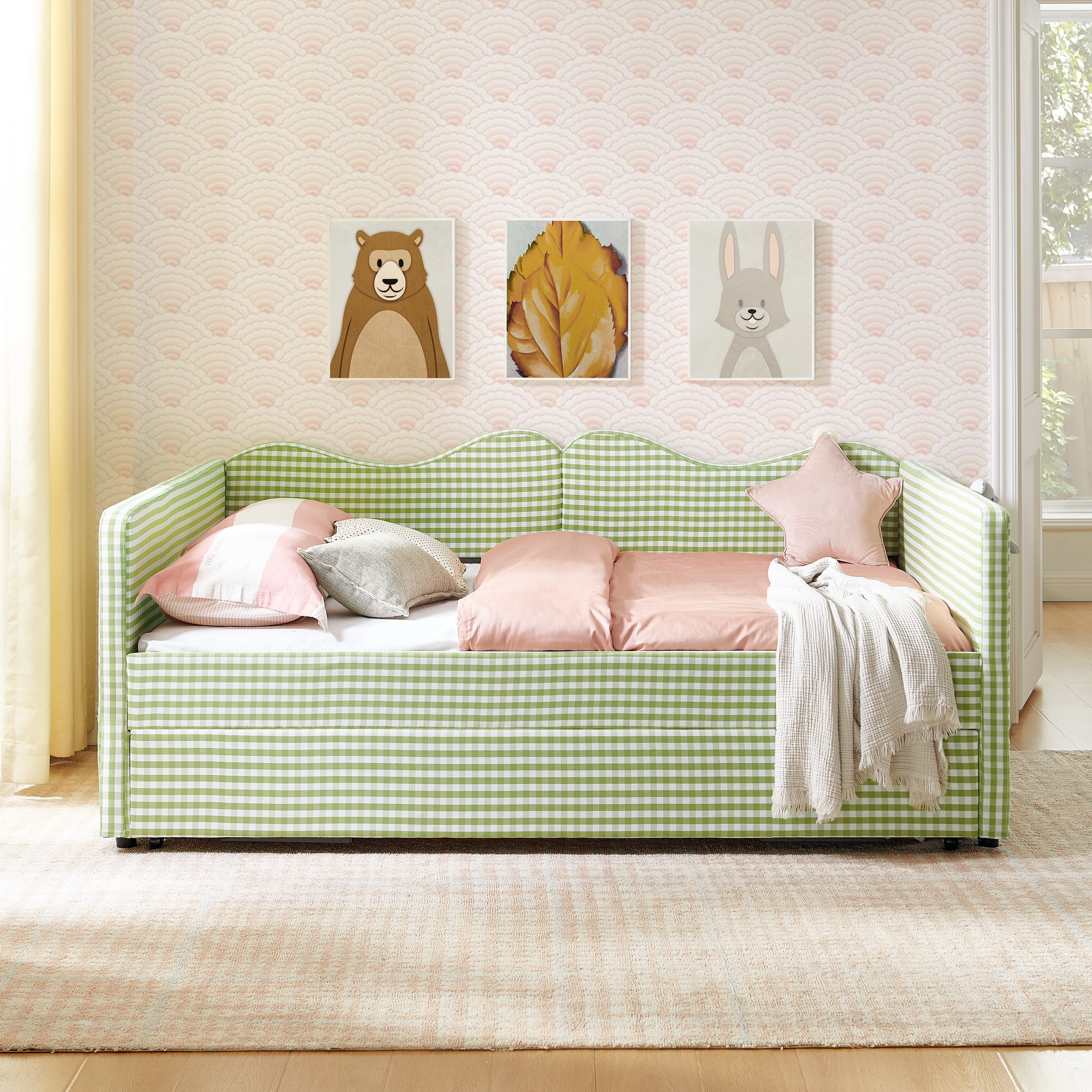 Full‑Size Daybed,Gingham Upholstered Daybed Equipped with Pull-Out Trundle Bed Frame & Side Storage Pocket, Solid Wood Frame Multi-Functional Sofa Bed for Kids Room & Guest Bedroom-PINK