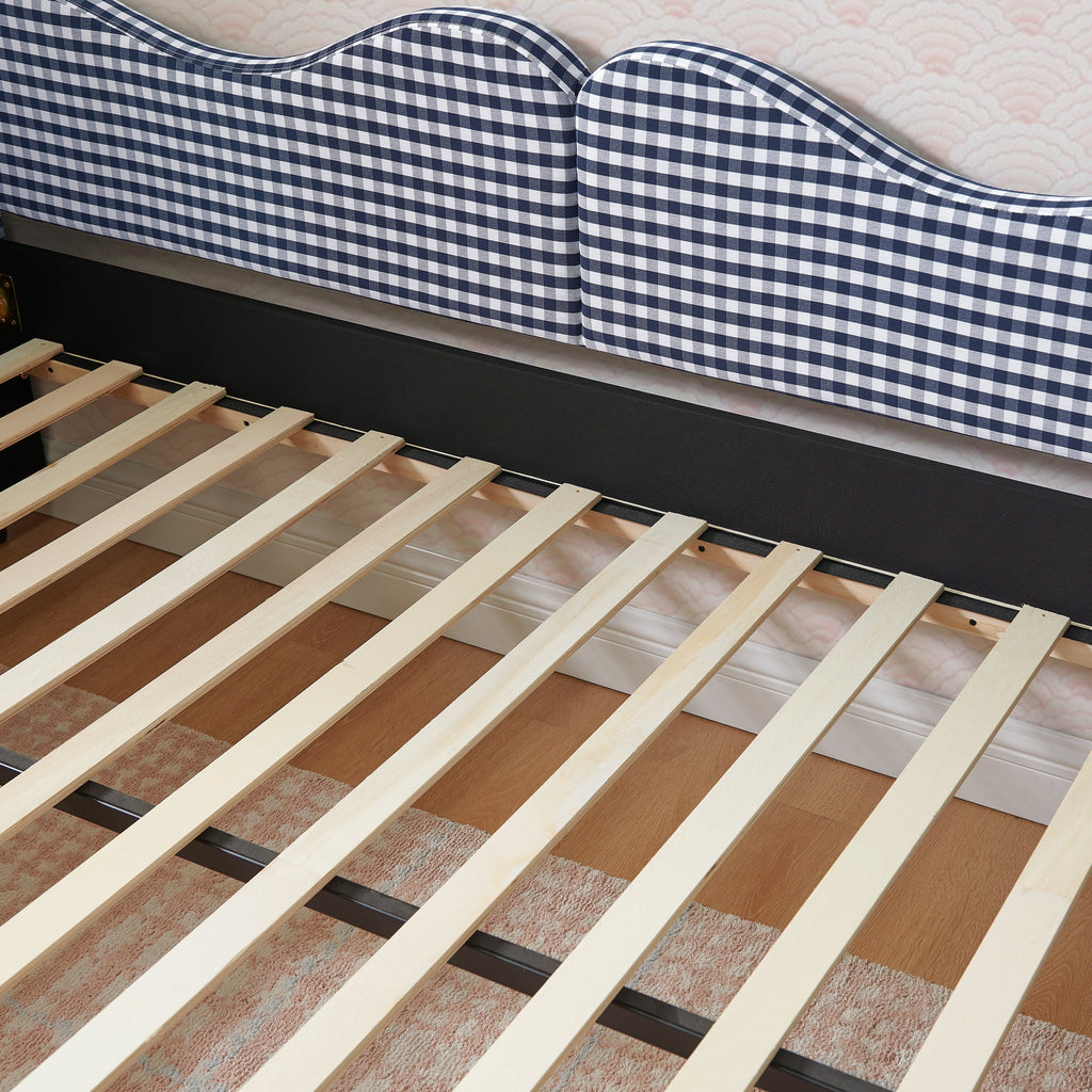 Full‑Size Daybed,Gingham Upholstered Daybed Equipped with Pull-Out Trundle Bed Frame & Side Storage Pocket, Solid Wood Frame Multi-Functional Sofa Bed for Kids Room & Guest Bedroom-PINK