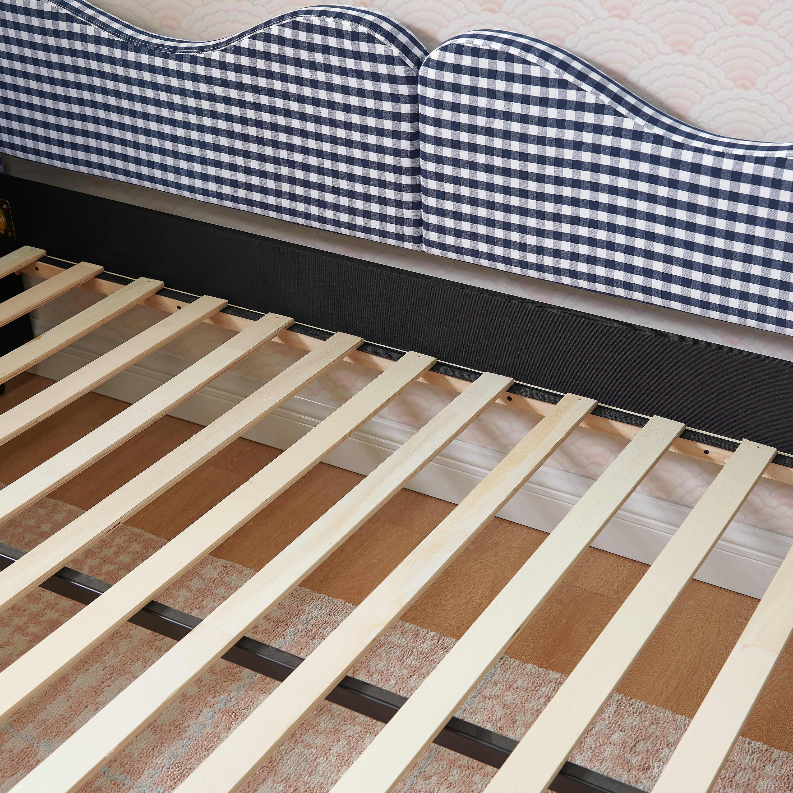 Full‑Size Daybed,Gingham Upholstered Daybed Equipped with Pull-Out Trundle Bed Frame & Side Storage Pocket, Solid Wood Frame Multi-Functional Sofa Bed for Kids Room & Guest Bedroom-PINK