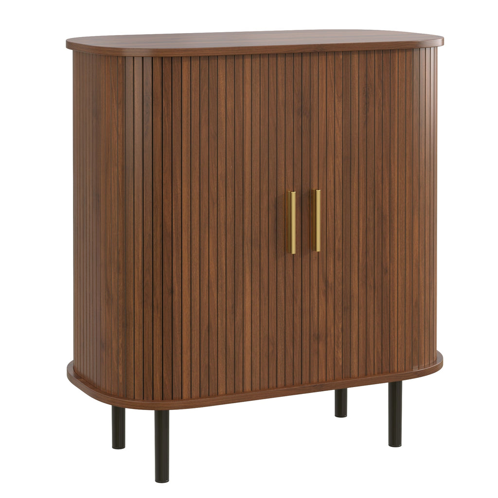 28' Fluted Wine Bar Cabinet with 8-Grid Wine Rack, 5-Level Adjustable Shelves, 2 Glass Holders, Smoothly Sliding Tambour Doors, 4 Hidden Storage Space on the Side, Modern Liquor Coffee Station, Black