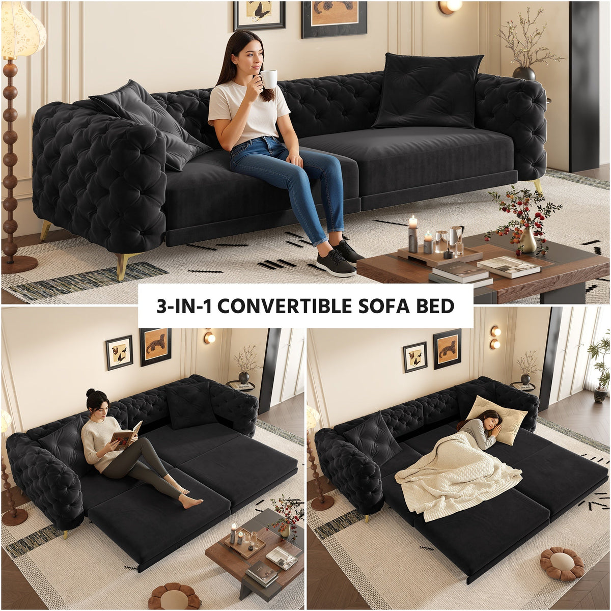 97.7' 3-in-1 Convertible Sleeper Sofa, 28.4' Deep Seat Pull Out Sofa Bed,Button Tufted Modern Sofa, 4-Seater Couch with Movable Ottoman for Apartment, Office, Bedroom,Beige/White