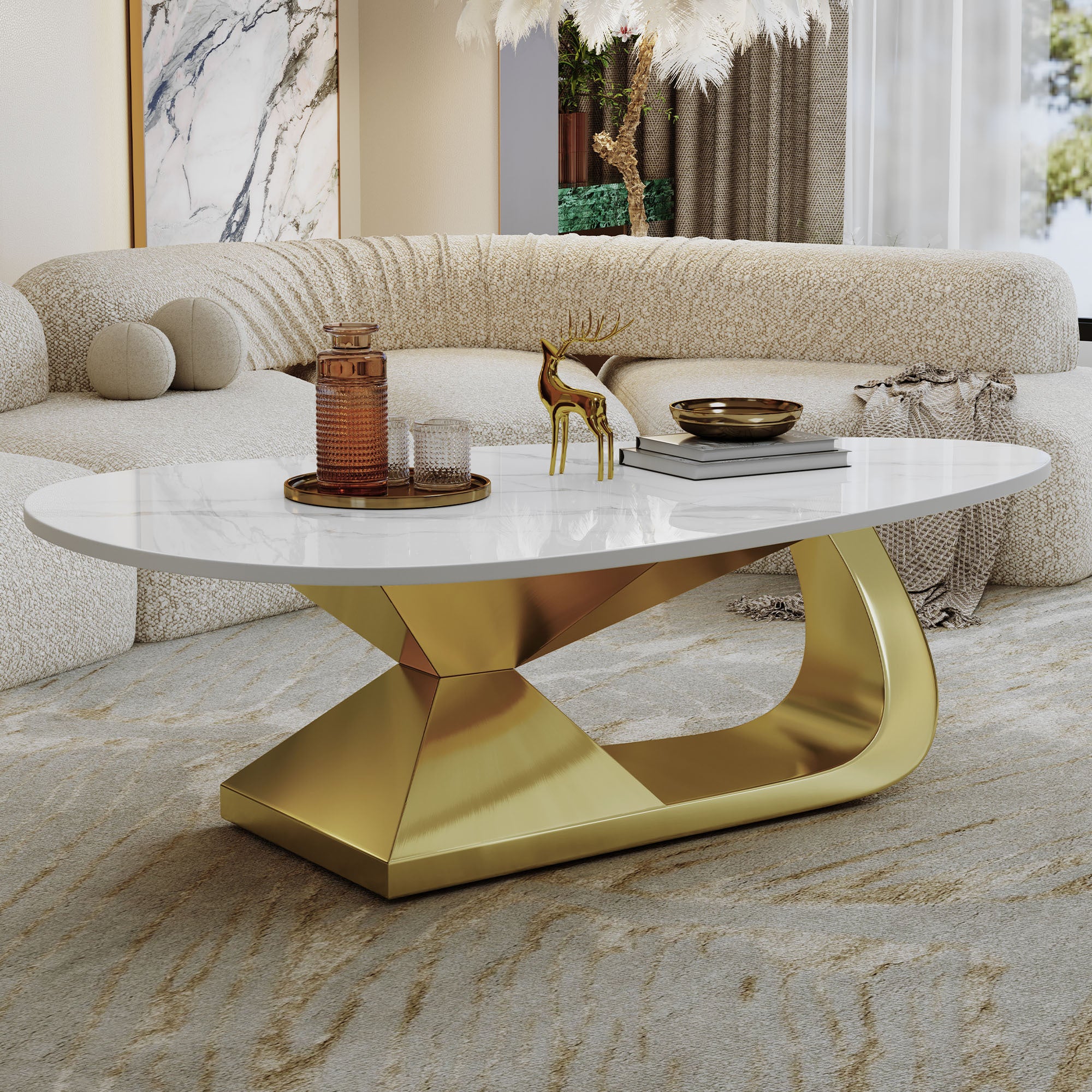 Gold white faux marble oval coffee table 51 inch stainless steel base — front view