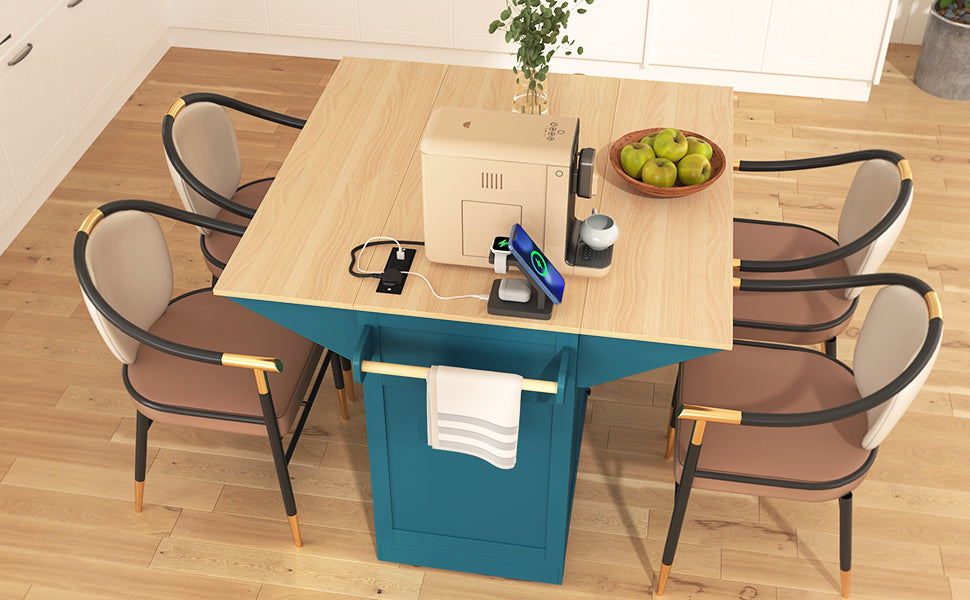 K&K 55.7'' Large Kitchen Island with 2 Drop Leaf,, Rolling Kitchen Cart on 5 Wheels with Power Outlet, Folding Storage Dining Table with Spice & Towel Rack , 3 Drawers, for Kitchen, Dining Room,Black