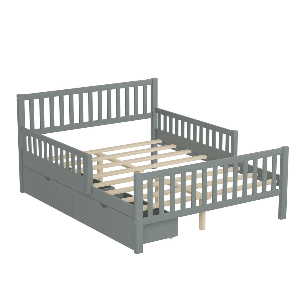 Gray wood bed frame with two storage drawers