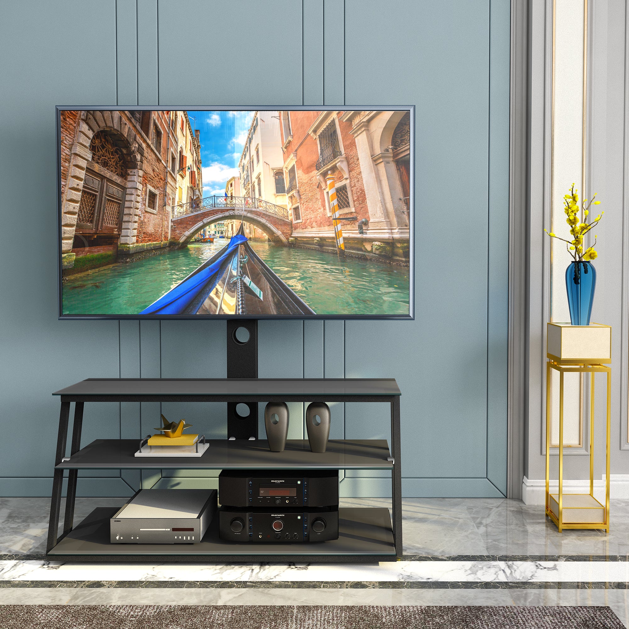 Adjustable height TV stand wire management back tube detail