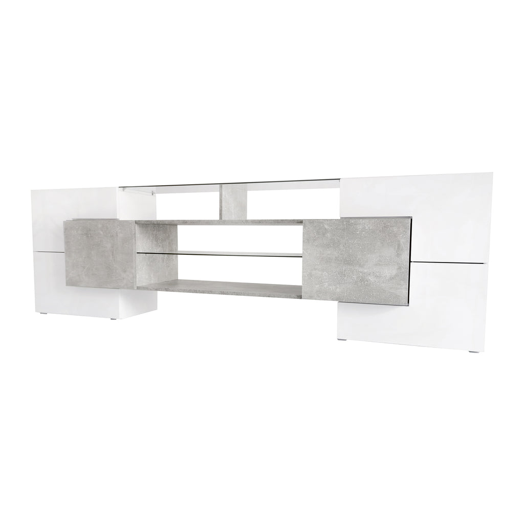 Tempered glass shelf with light clips on grey TV stand