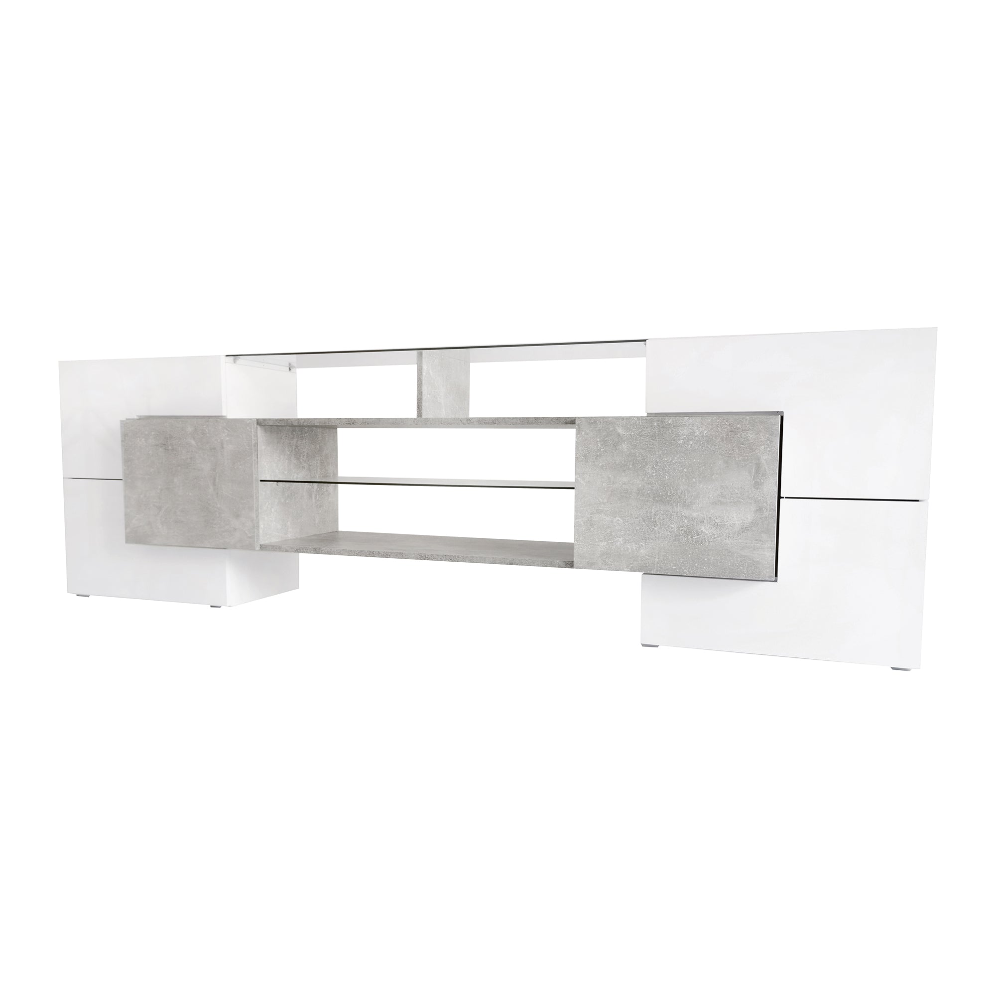 Tempered glass shelf with light clips on grey TV stand