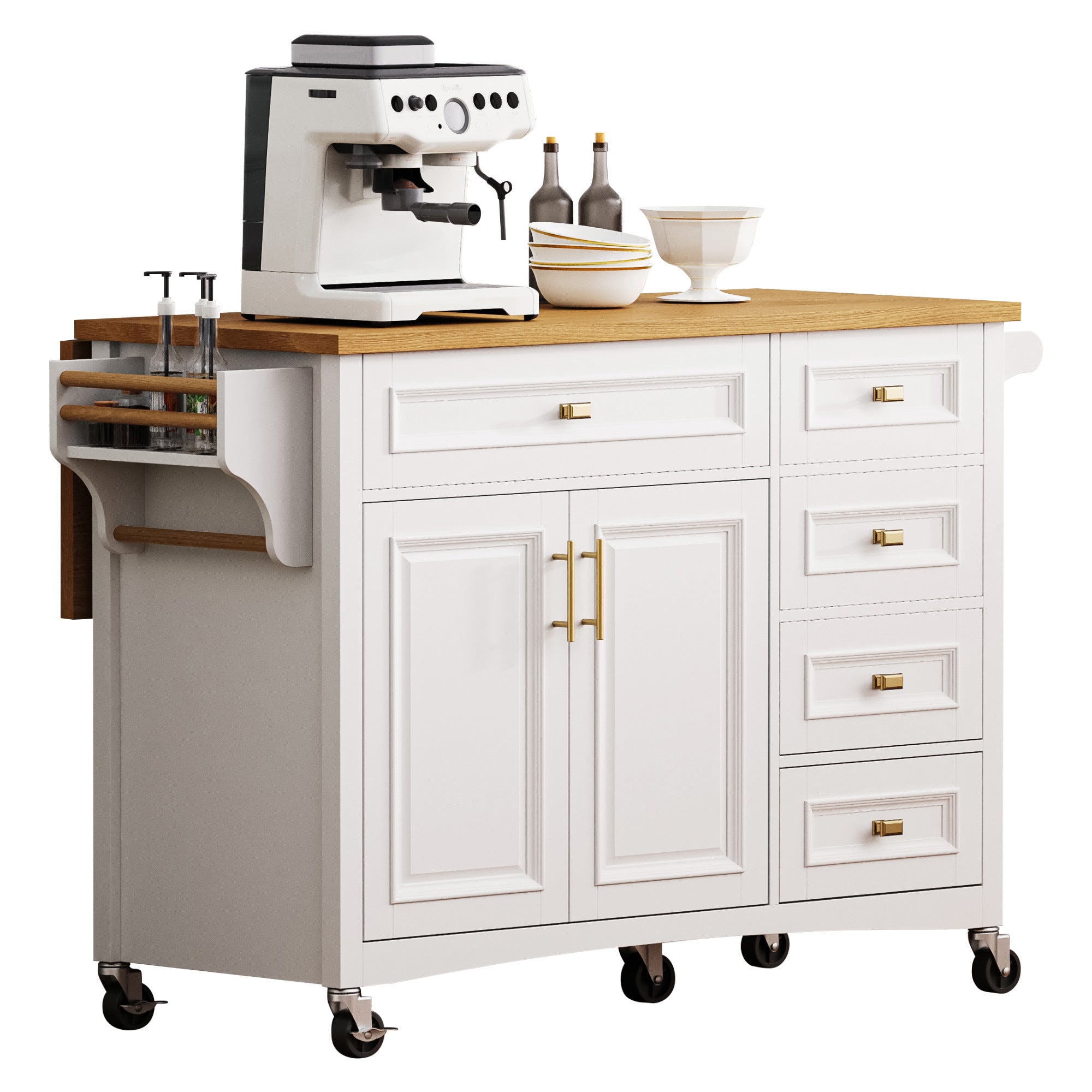 K&K 52'' Kitchen Island with Drop Leaf, Embossed Texture Kitchen Island on Wheels with Spice Rack, Towel Rack, 2 Doors and 5 Drawers, Kitchen Storage Cart with Adjustable Shelf for Kitchen, Blue Grey