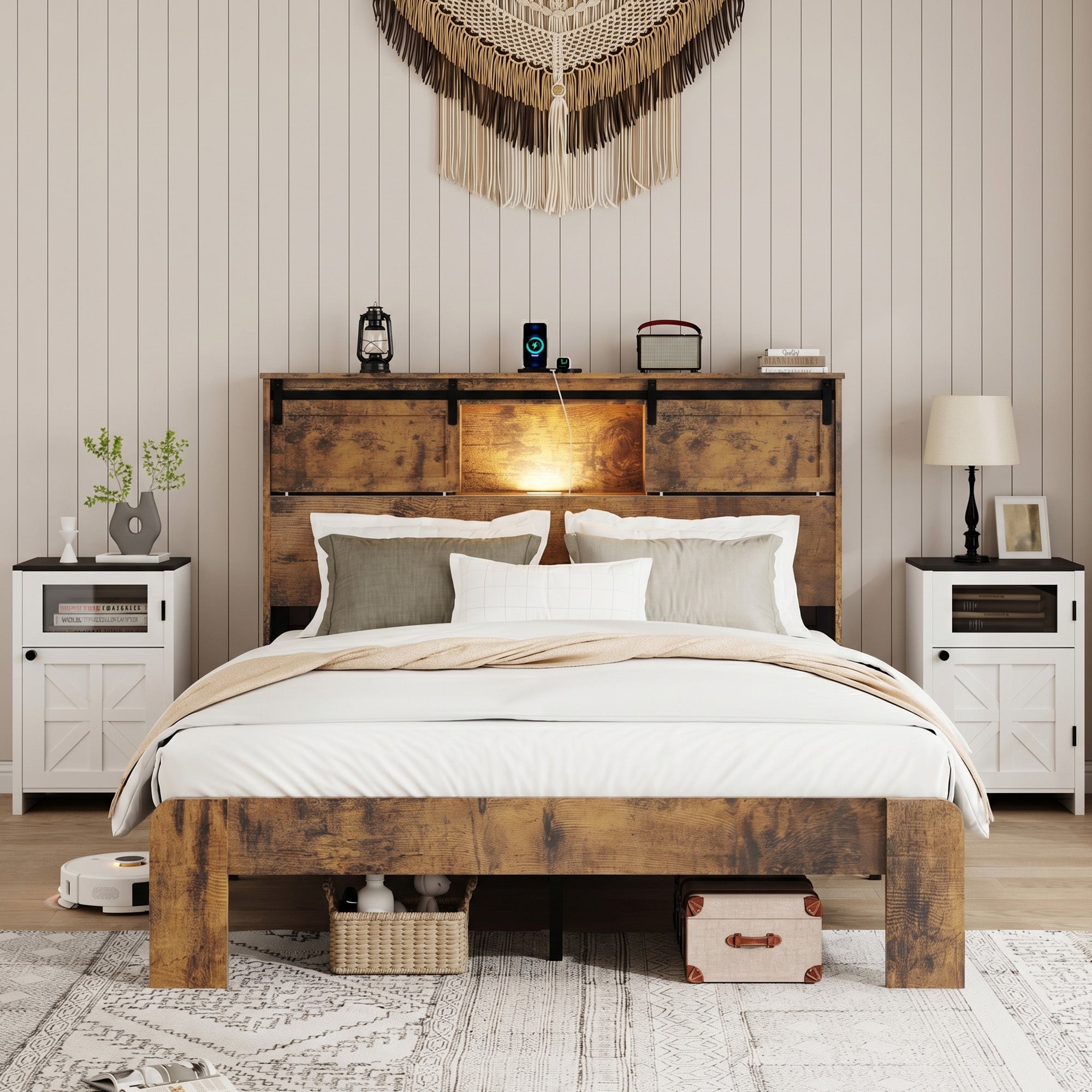 QUEEN size bed, metal bed frame with charging station, no need for box spring, (Dark Brown), no noise, easy to assemble.
