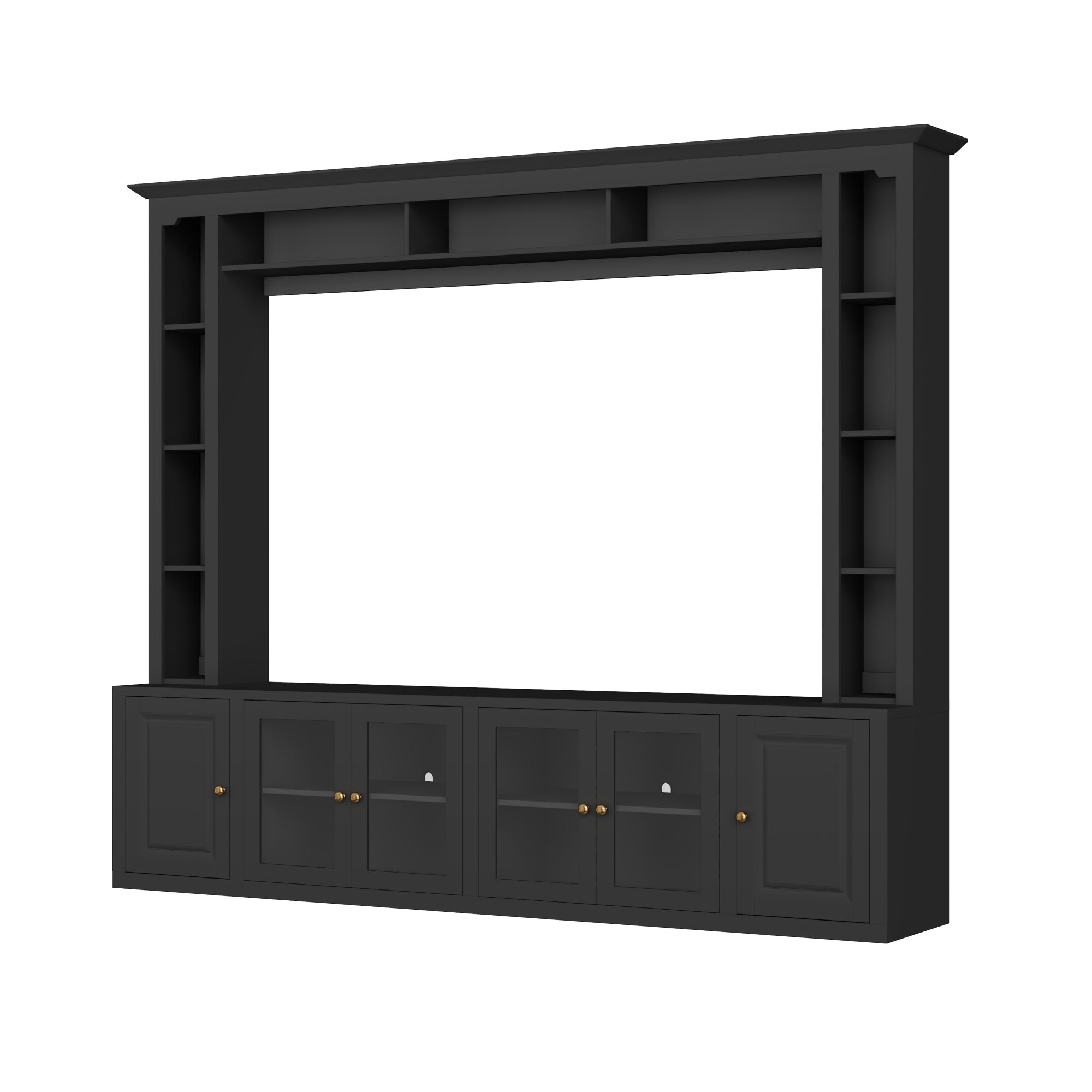 Black wall unit with gold metal handles close-up