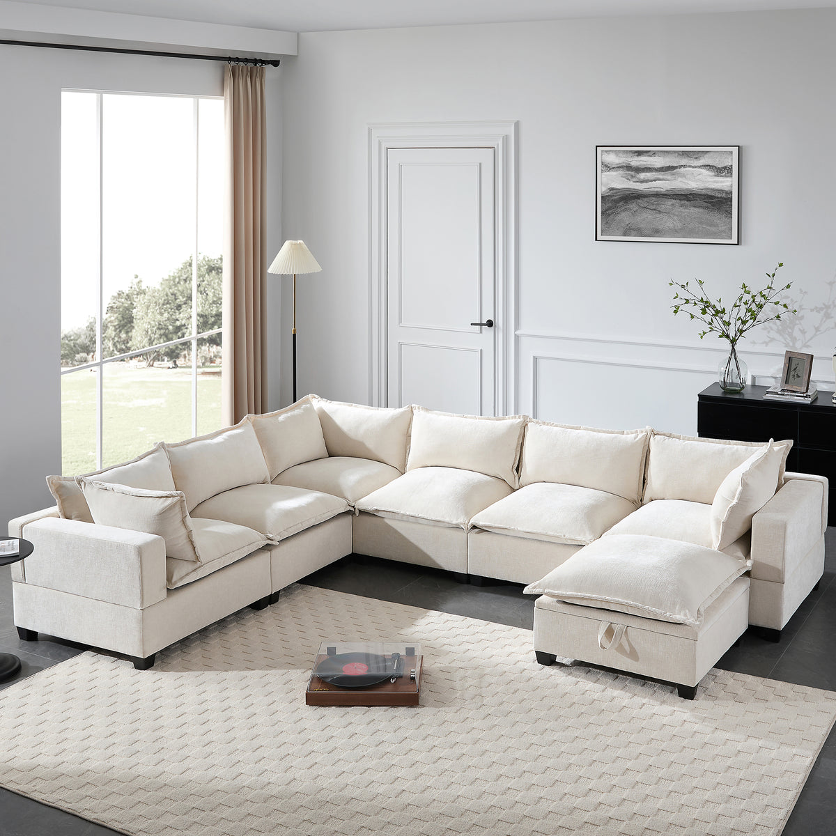 [VIDEO]117.5'' Modular Sectional Sofa with Movable Storage Ottoman, 7 Seat U Shaped Couch, Wide Seat & Free Combination, Oversized Chenille Sofa for Living Room & Apartment, 2 Colors