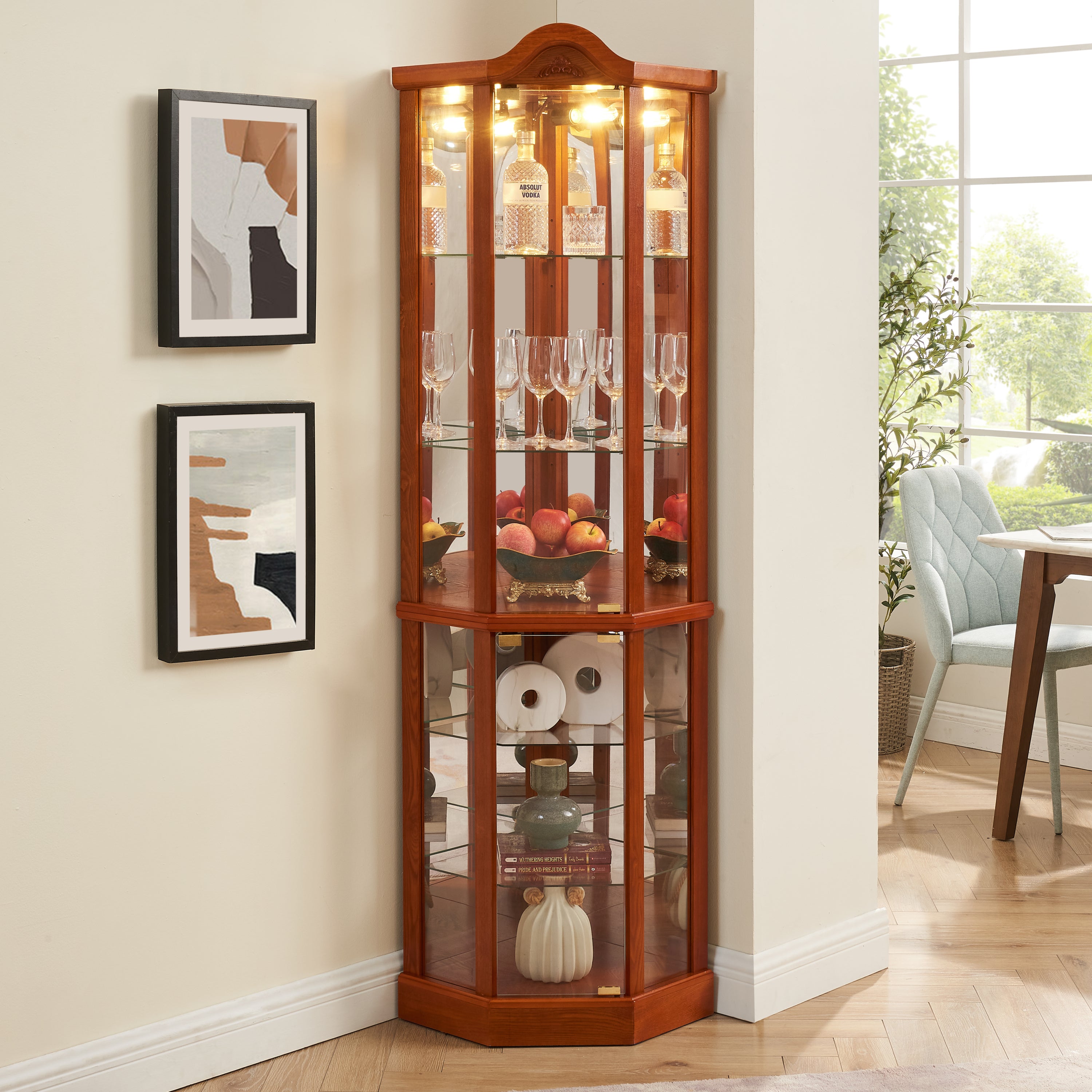 Tempered glass adjustable shelves curio cabinet close-up