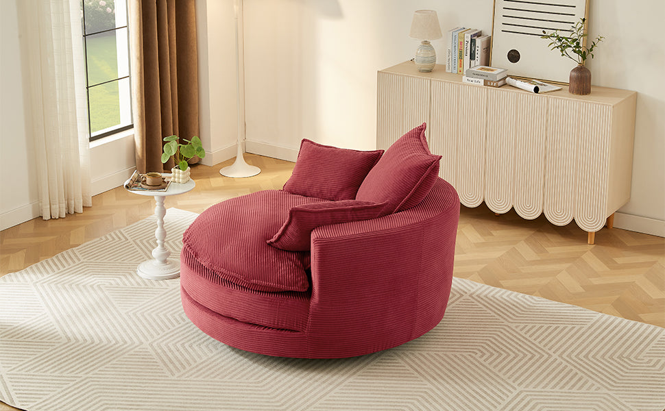 Corduroy Swivel Barrel Chair — 360° with Removable Pillows
