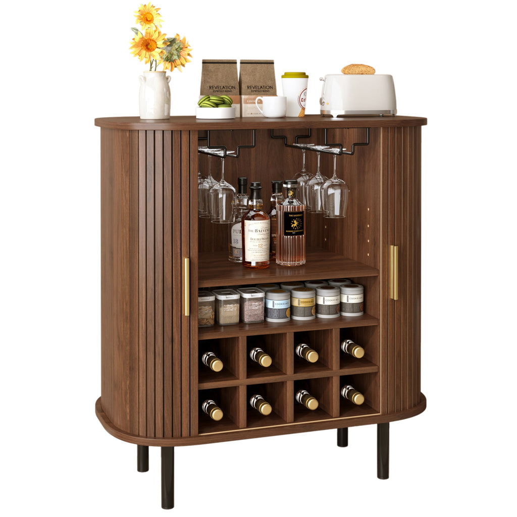 28' Fluted Wine Bar Cabinet with 8-Grid Wine Rack, 5-Level Adjustable Shelves, 2 Glass Holders, Smoothly Sliding Tambour Doors, 4 Hidden Storage Space on the Side, Modern Liquor Coffee Station, Black