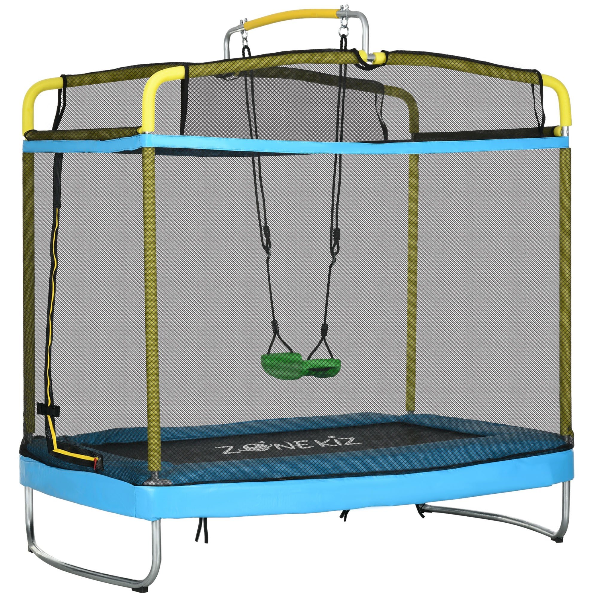 Kids 3-in-1 trampoline with enclosure swing and gym bar — front view