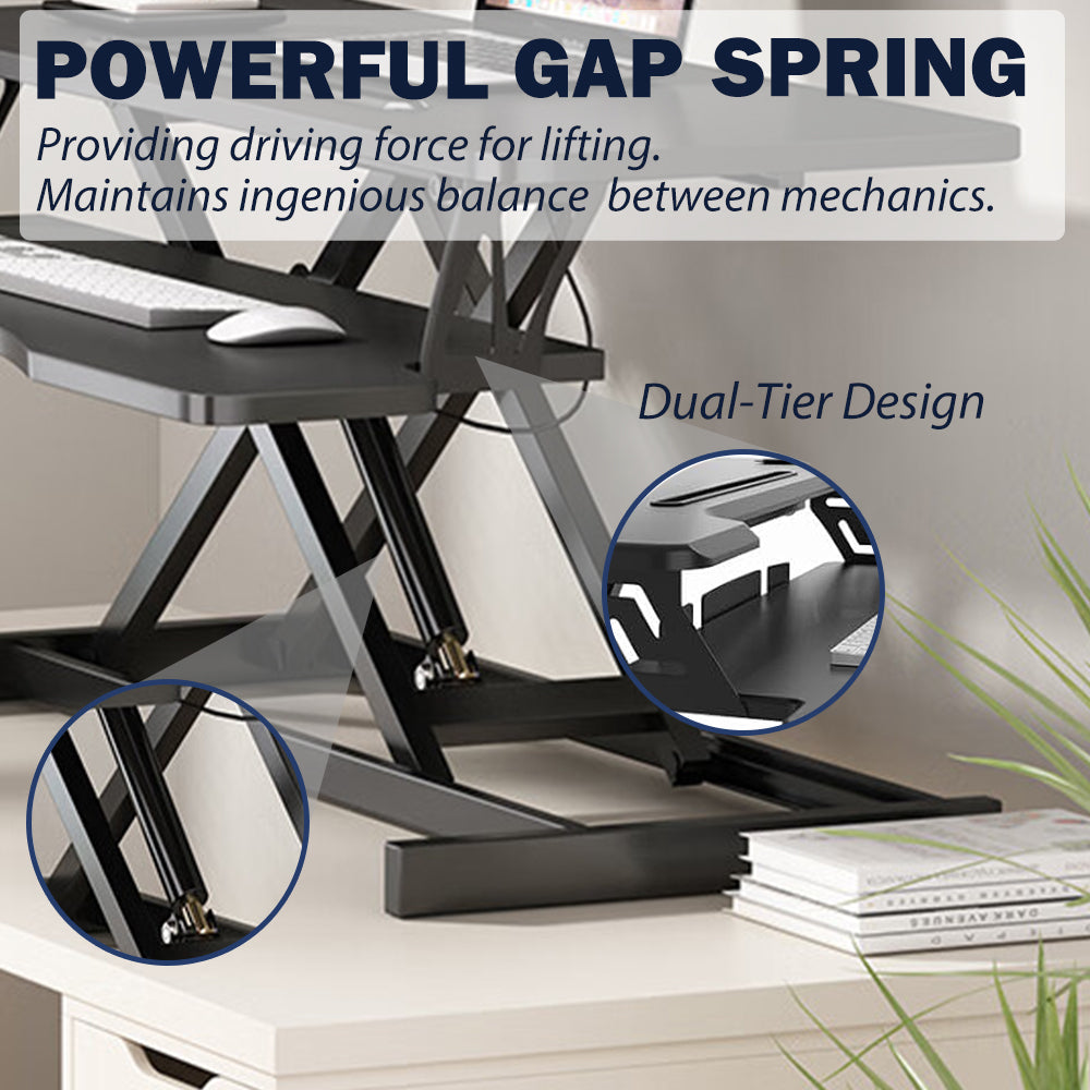 Black desk converter height adjustment mechanism — angle view