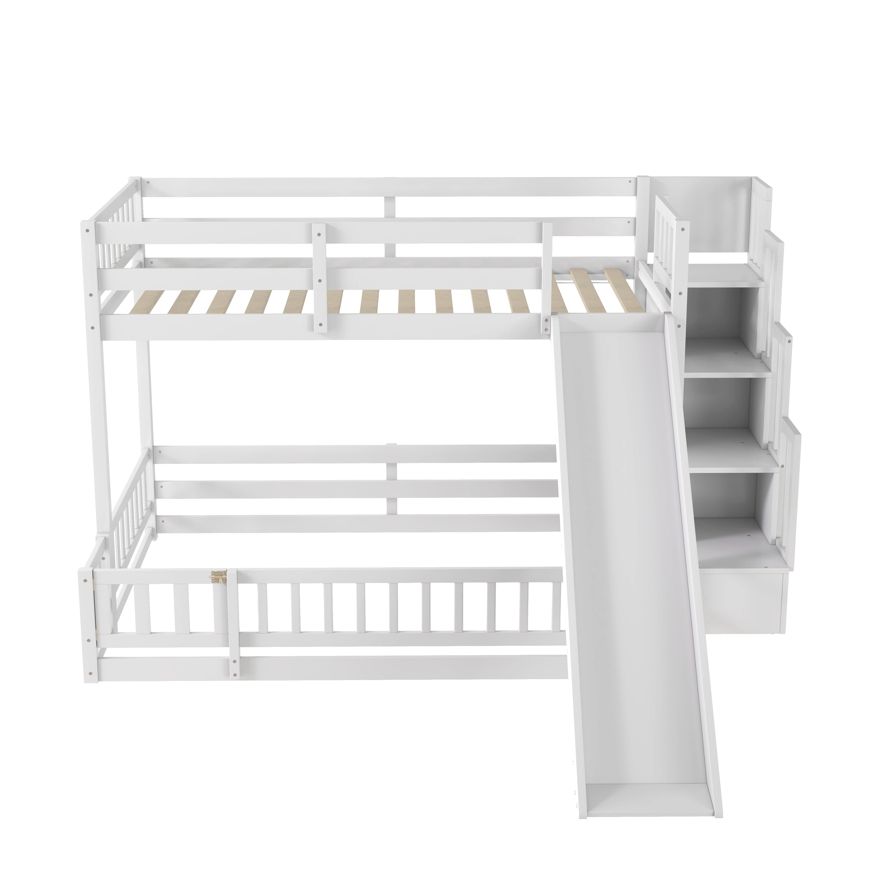 Twin Over Full Bunk Bed with Slide, Storage Staircase, Pine Solid Wooden Bunk Bed with Safety Guardrails ,Grey (Old Sku W504S00184)