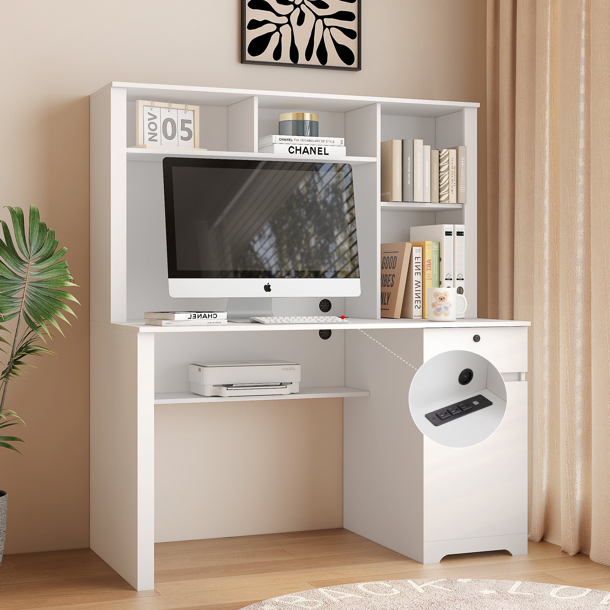 White home office desk drawer and shelf storage organization
