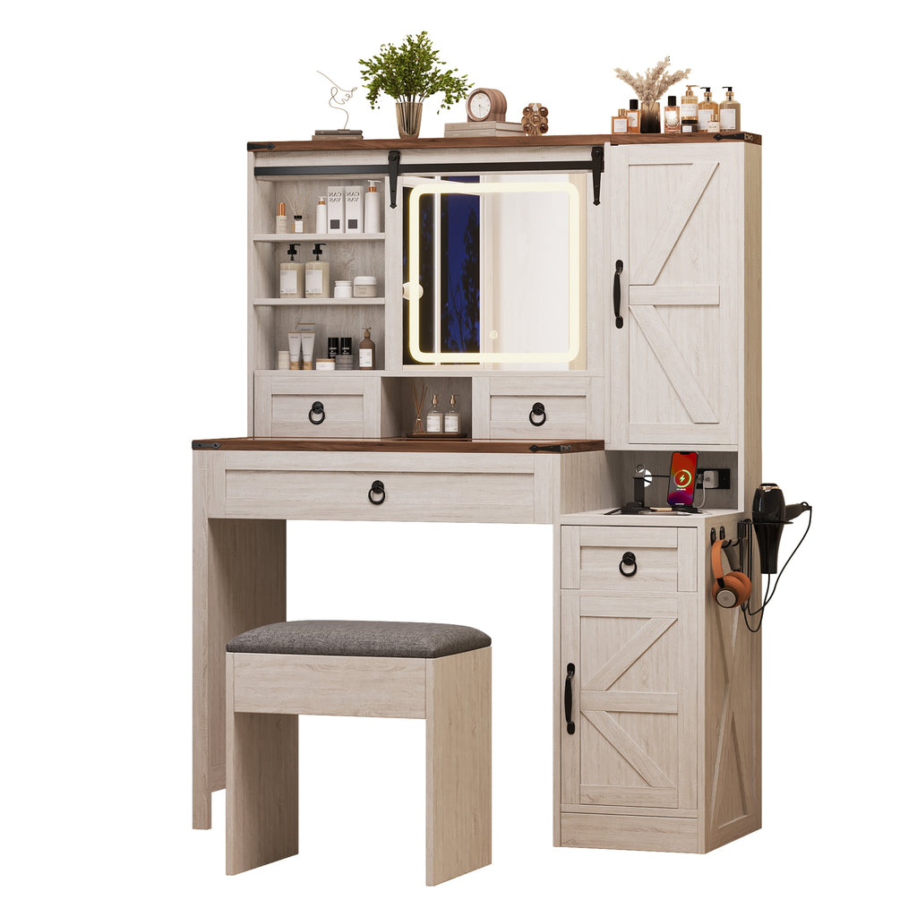 Farmhouse Vanity Desk with Sliding Mirror and Lights, Vanity Set with Glass Top and Charging Station ,Dressing Table with 4 Drawers and 2 Cabinets, Dressing Table with Stool for Bedroom, Gray