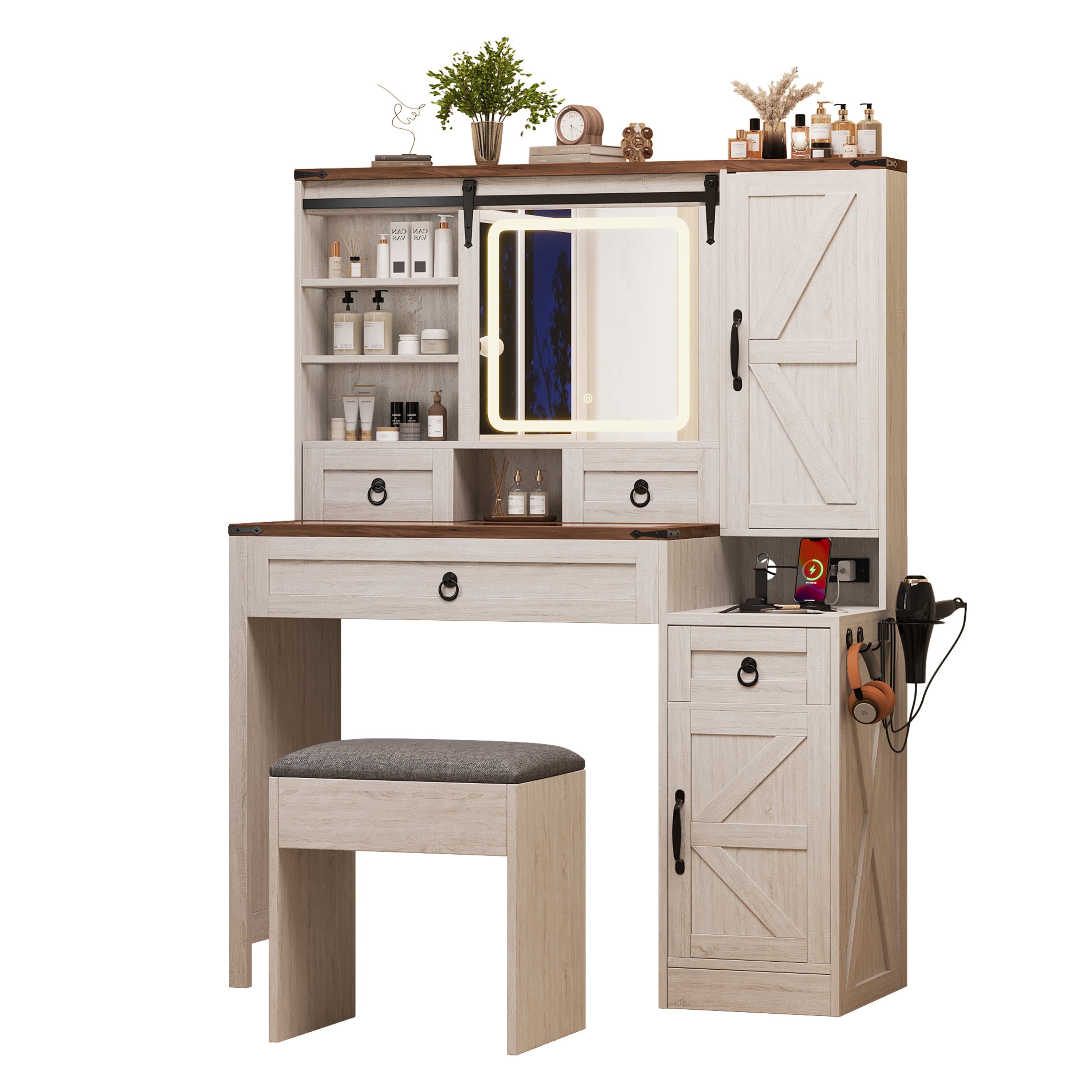 Farmhouse Vanity Desk with Sliding Mirror and Lights, Vanity Set with Glass Top and Charging Station ,Dressing Table with 4 Drawers and 2 Cabinets, Dressing Table with Stool for Bedroom, Gray