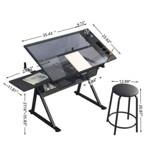 Adjustable Glass Drafting Table with Metal Drawers & Stool