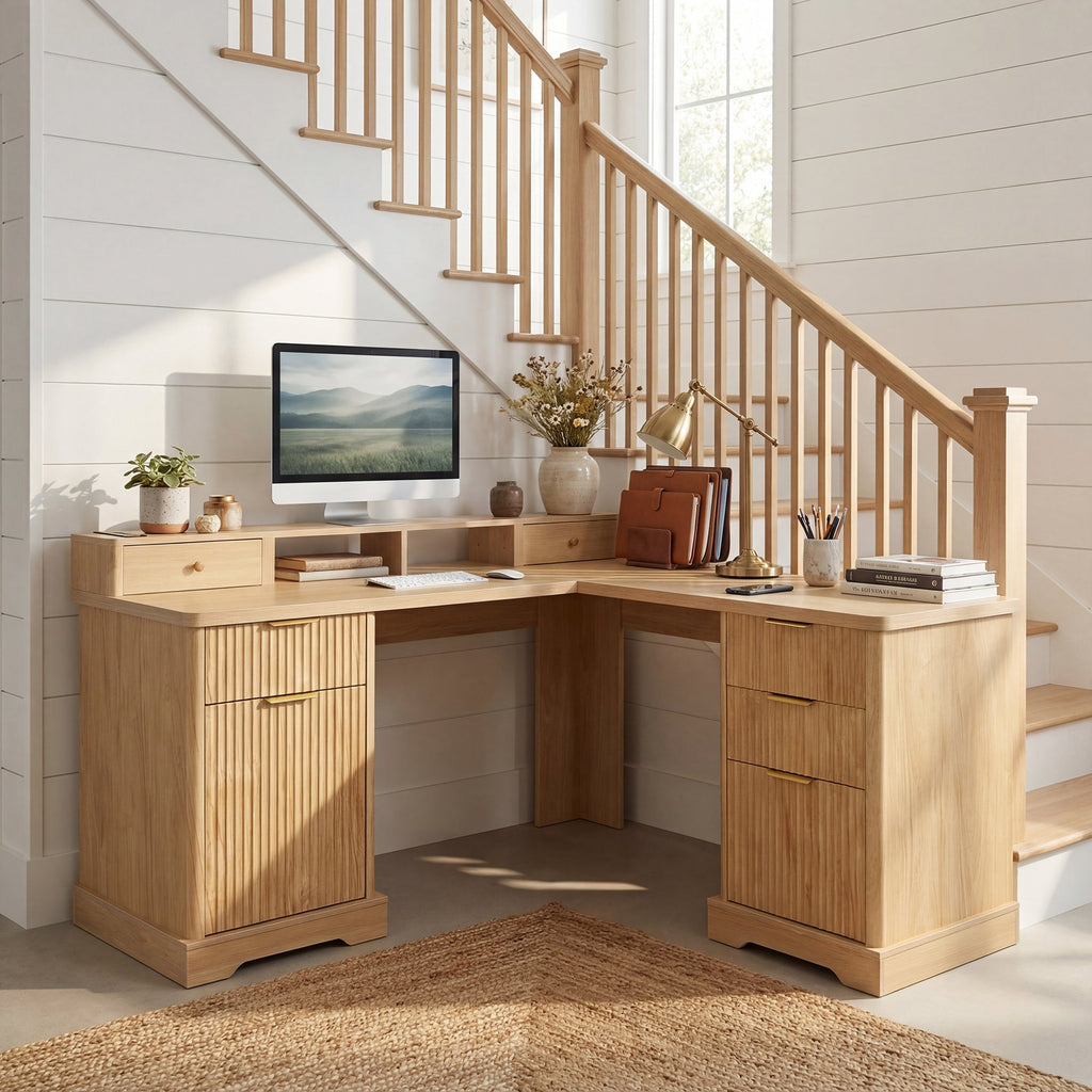 Fluted L-Shaped Desk with Charging Station, Monitor Stand & File Drawer — 59-Inch