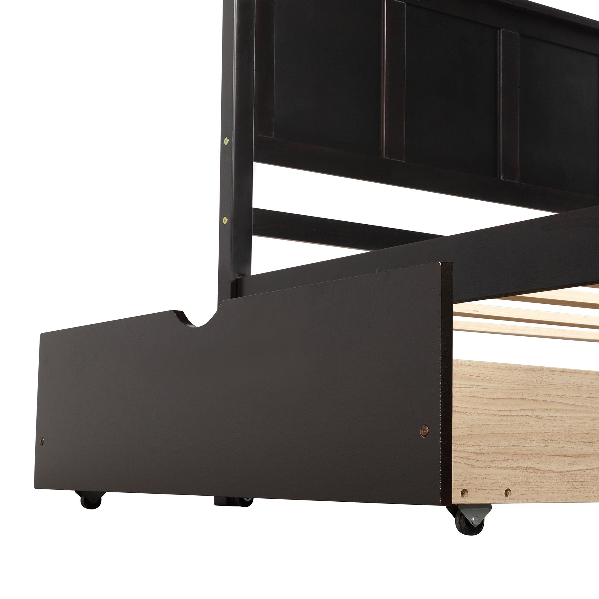 Twin storage bed drawer pulled out from side