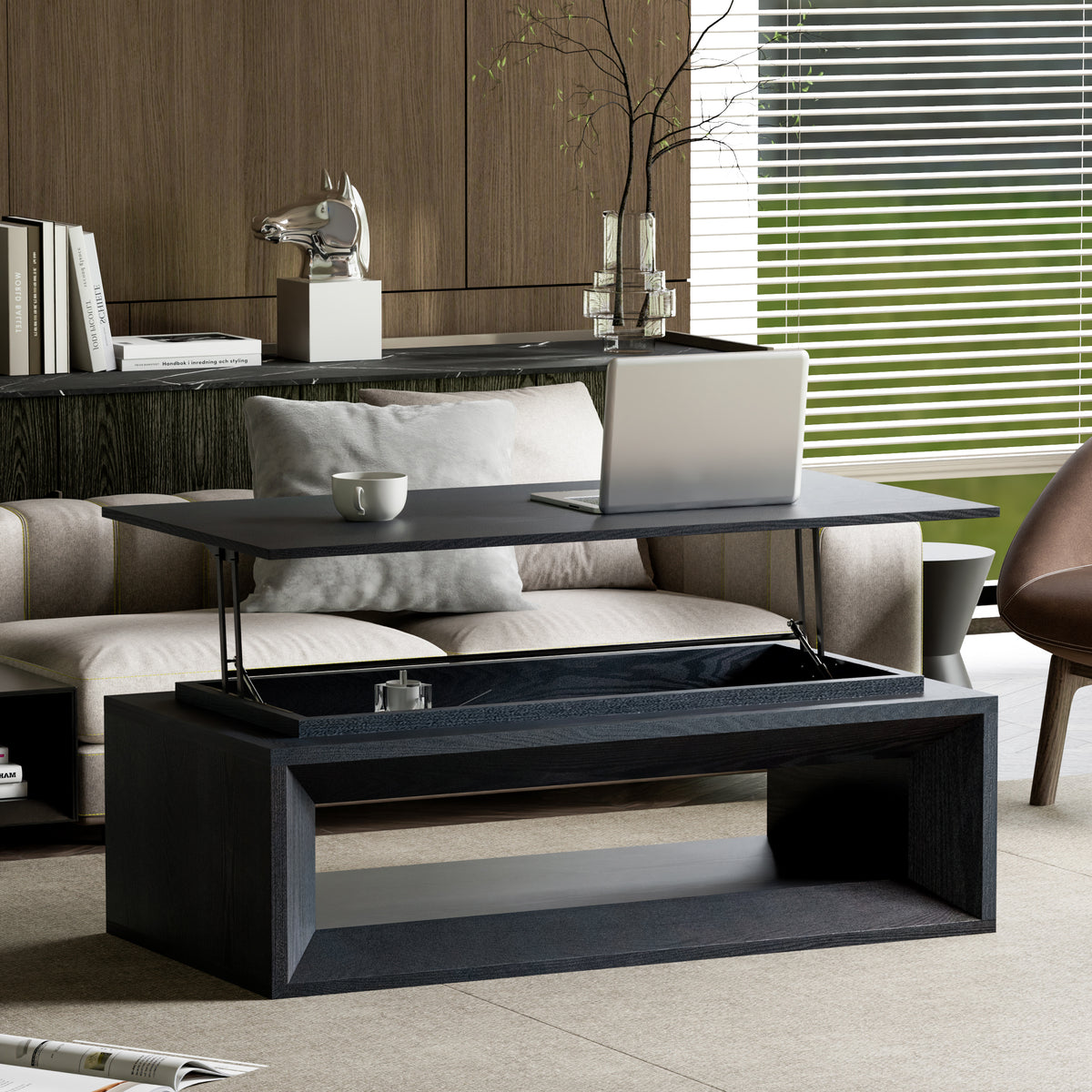 43.3'' Lift Top Rectangle Coffee Table with Storage, Modern Wood Veneer MDF Coffee Table with Floating Tabletop, Convertible Rising Tabletop for Living Room, Home Office, Black