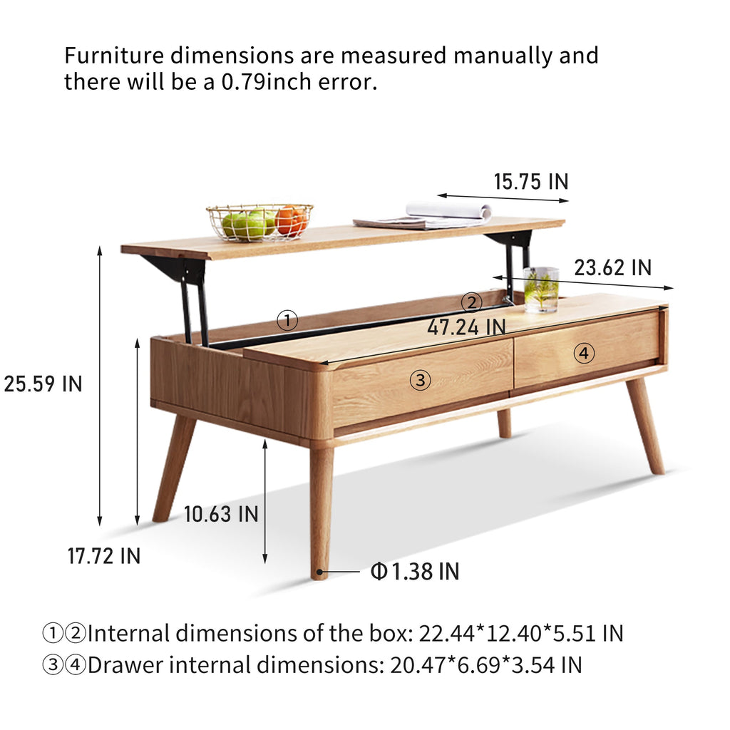 Solid Oak Lift-Top Coffee Table with Hidden Storage — 47" Wide