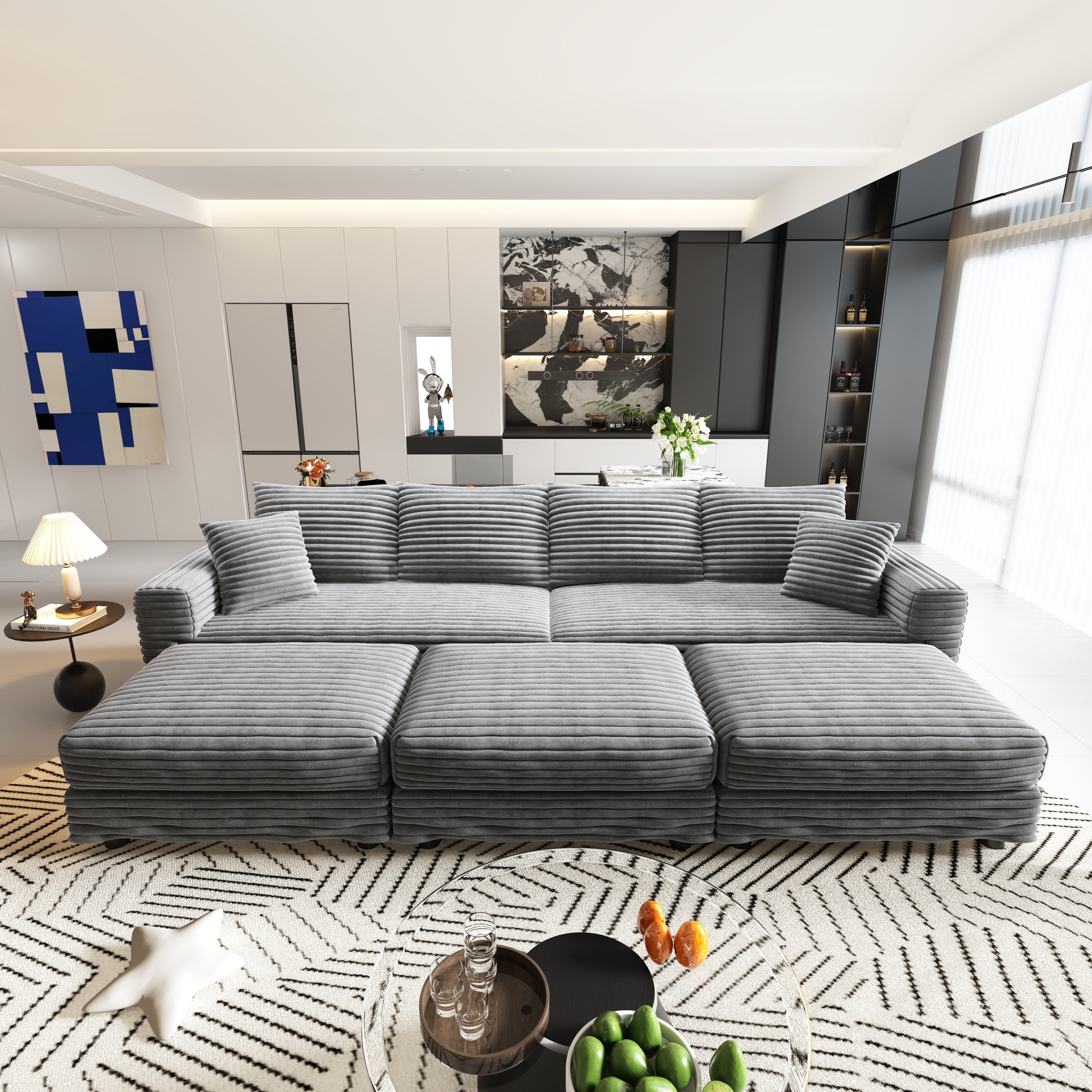 102.4 'Plush Corduroy 4-Seat Sofa,Modern Comfy Upholstered Sofa Cloud Couch,Deep Seat Couches with Soft Pillows and 3 Ottomans,Convertible Sofa Lounge Chair,Black(Old SKU:W1885S00287)