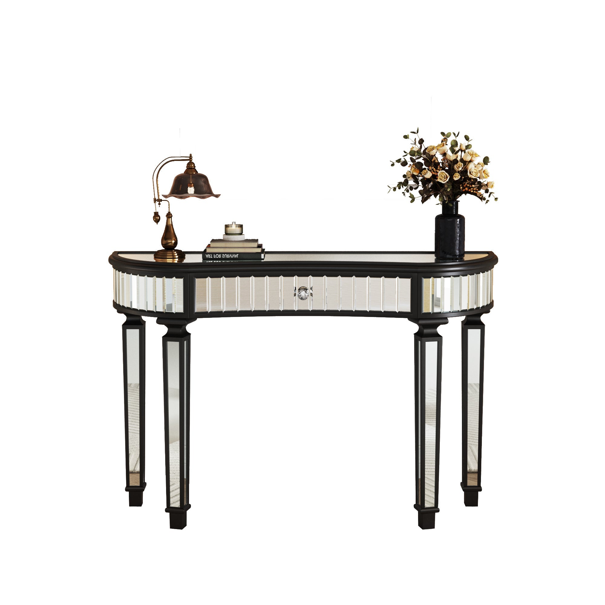 47" Half-Moon Mirrored Console Table — Fluted Glass & Crystal Drawer