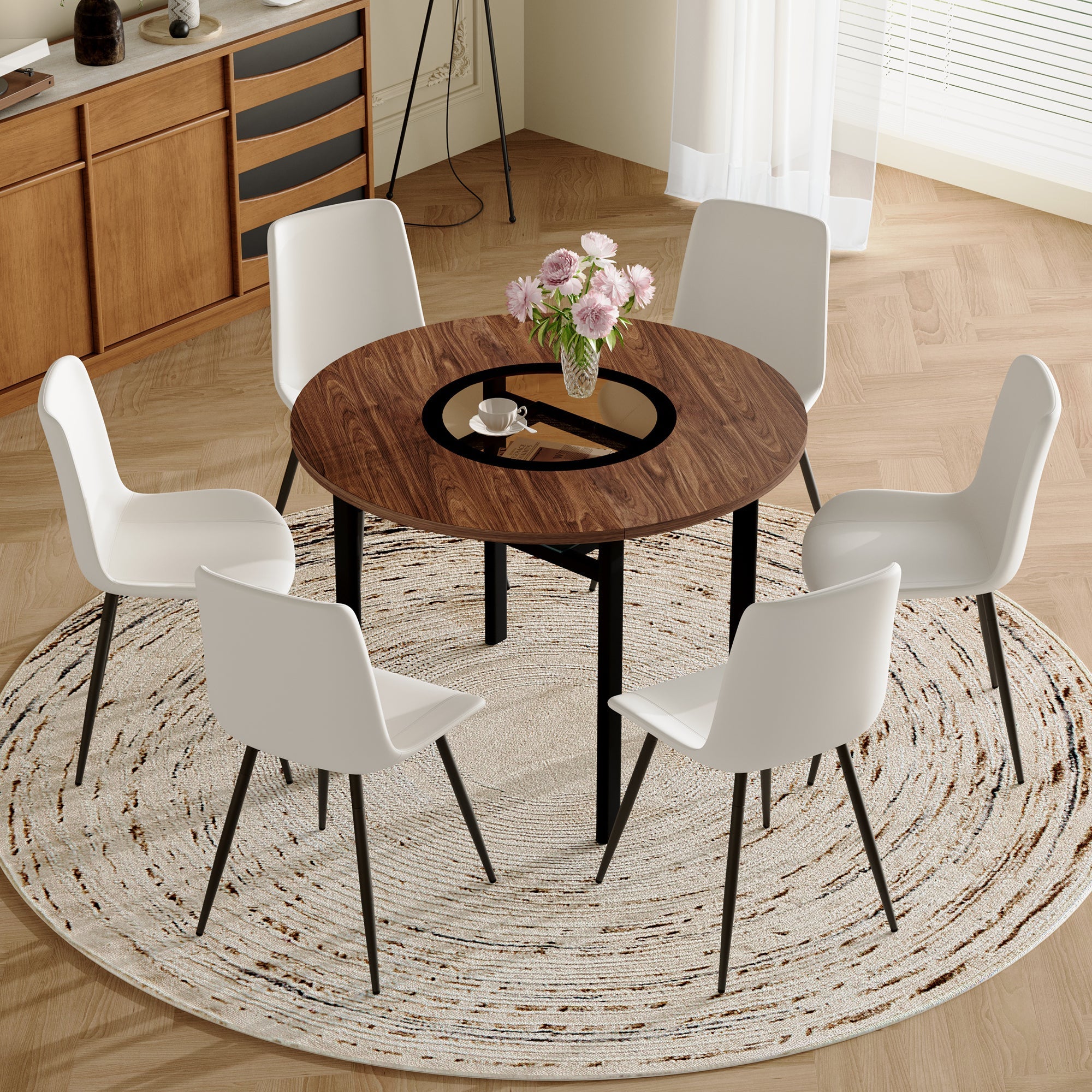 Table and chair set.42 inch modern minimalist brown wood grain round dining table set.Paired with 6 Black Artificial PU Chairs With Curved Widened Cushion Design. Suitable for dining rooms,office,etc.