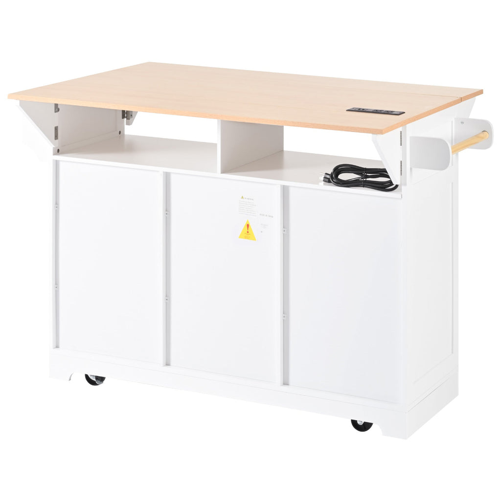 K&K 55.7'' Large Kitchen Island with 2 Drop Leaf,, Rolling Kitchen Cart on 5 Wheels with Power Outlet, Folding Storage Dining Table with Spice & Towel Rack , 3 Drawers, for Kitchen, Dining Room,Black