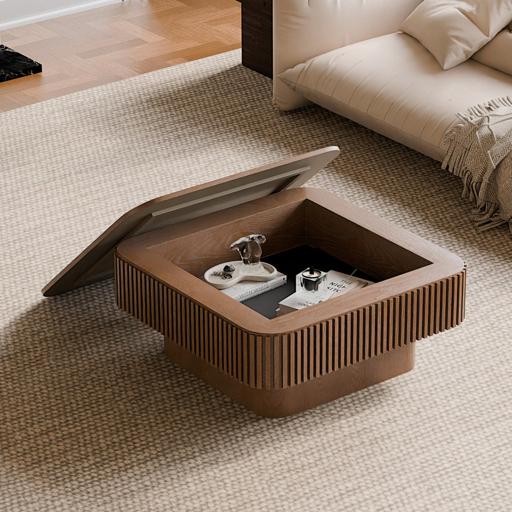 31.5'' Square Coffee Table with Storage Solid Wood Veneered Modern Coffee Table Accent Tea Table for Living Room, Bedroom, Apartment or Office, Natural Wood