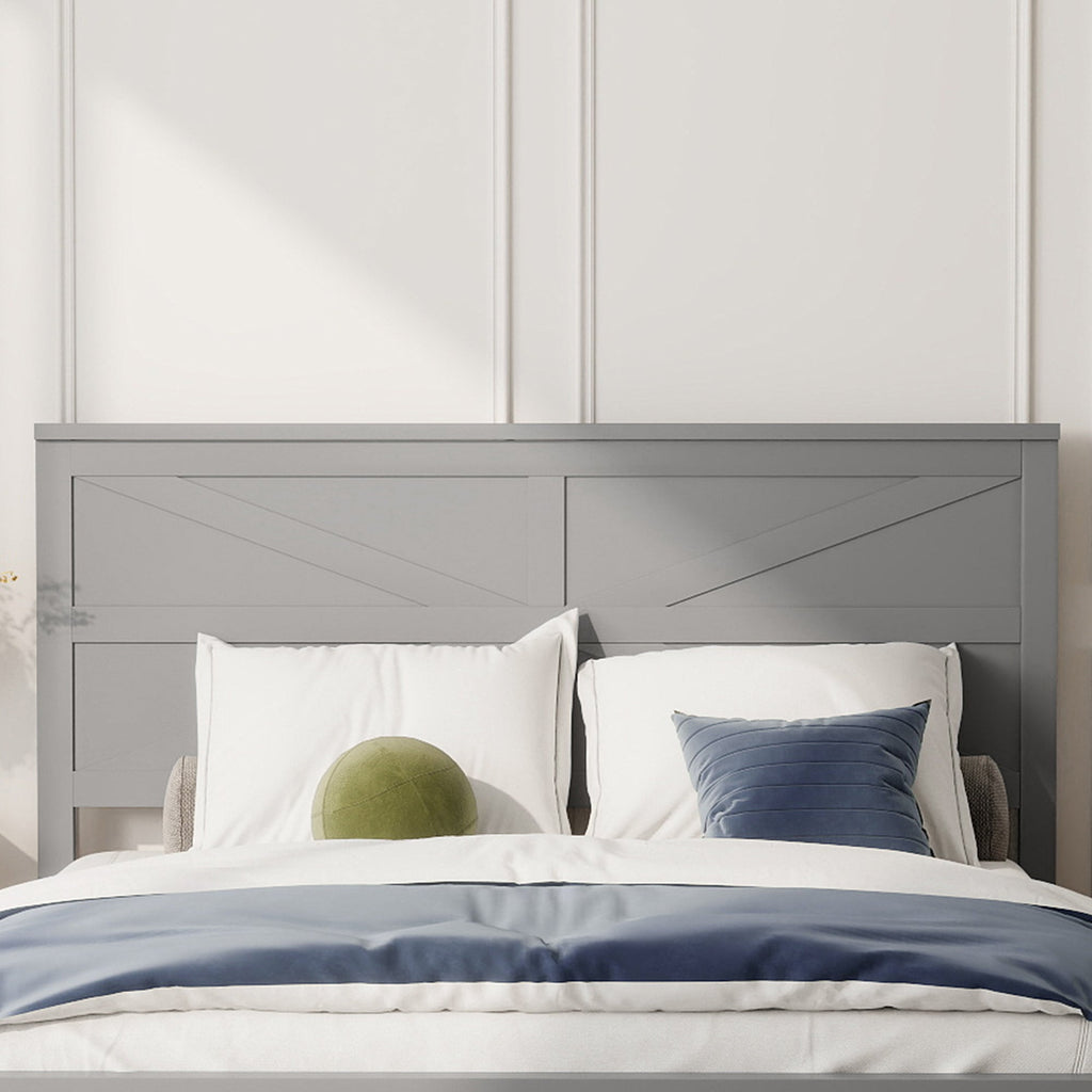 Farmhouse Style Queen Size Bed with Barn Door Designed Headboard and Footboard, Pinewood Bed with Strengthened Bed Frame ,White