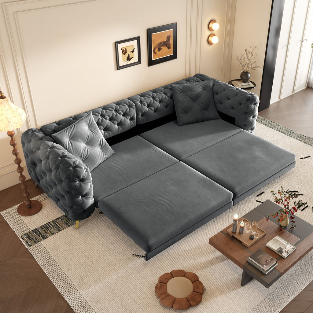 97.7' 3-in-1 Convertible Sleeper Sofa, 28.4' Deep Seat Pull Out Sofa Bed,Button Tufted Modern Sofa, 4-Seater Couch with Movable Ottoman for Apartment, Office, Bedroom,Beige/White