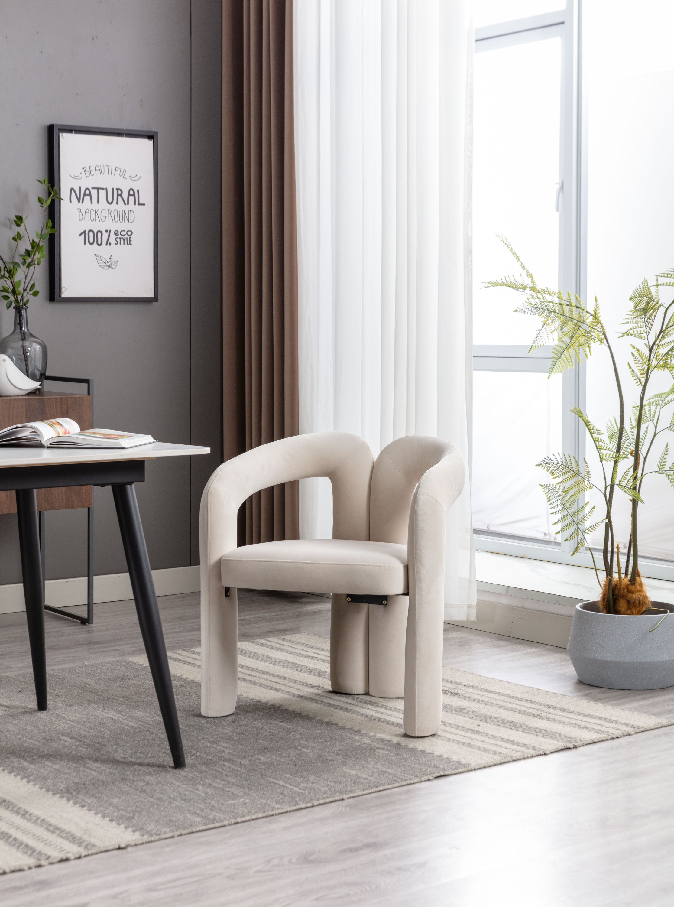 Beige accent chair in dining room setting