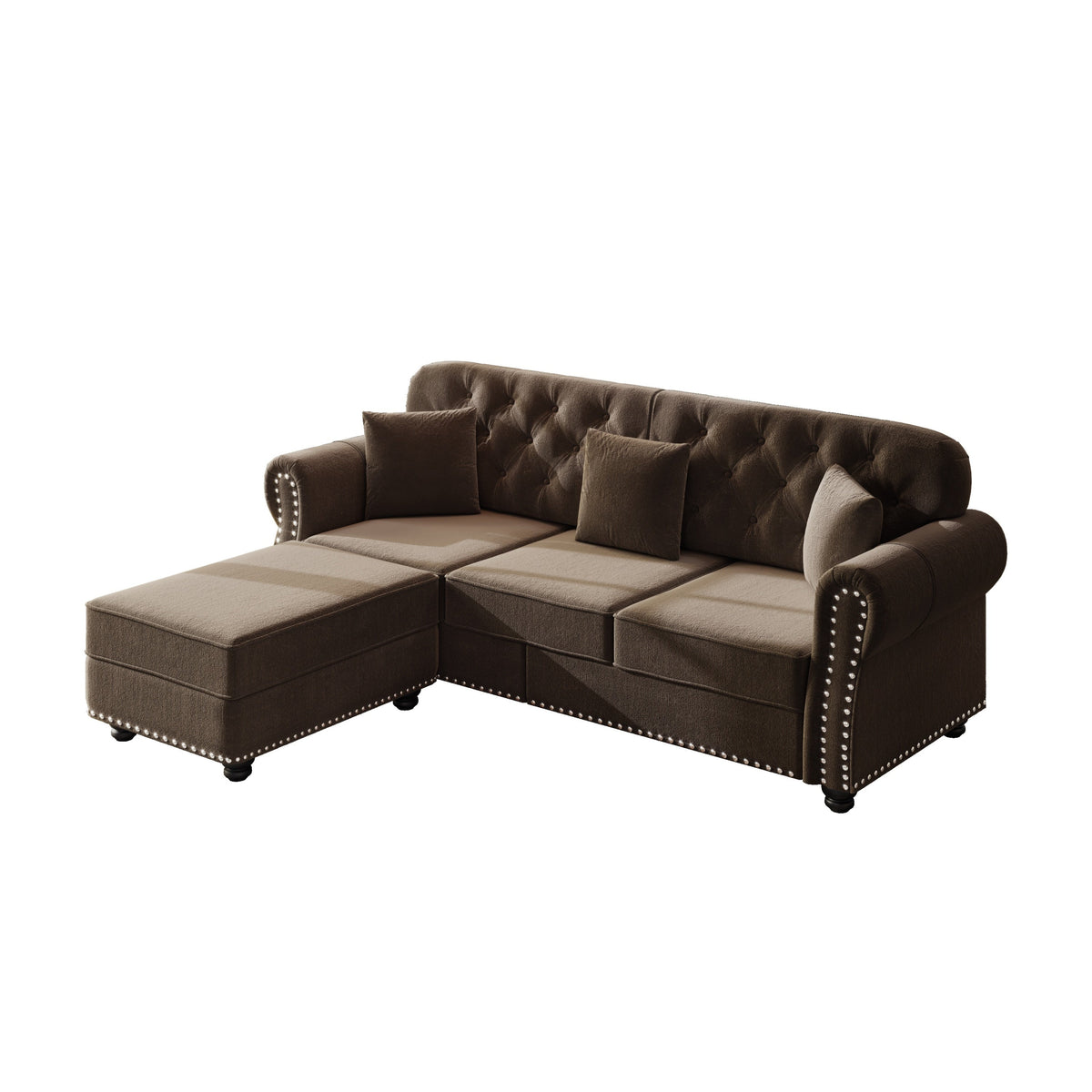 82.6'Upholstered Velvet Sofa with Nailhead Trim and Rolled Armrests,Mid-Century Modern Chesterfield Sofa with Button Tufted,Includes 3 Pillows,Burgundy