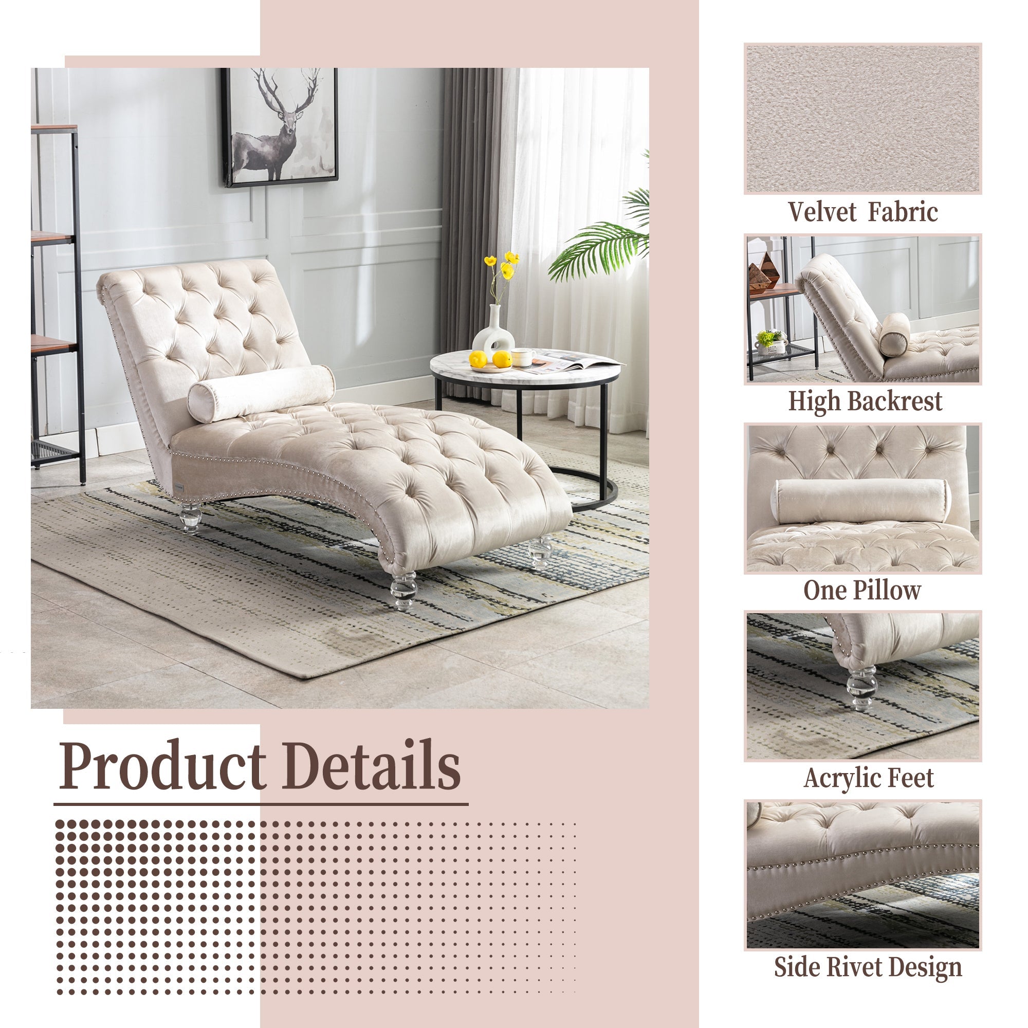 Velvet Chaise Lounge — Button-Tufted with Pillow