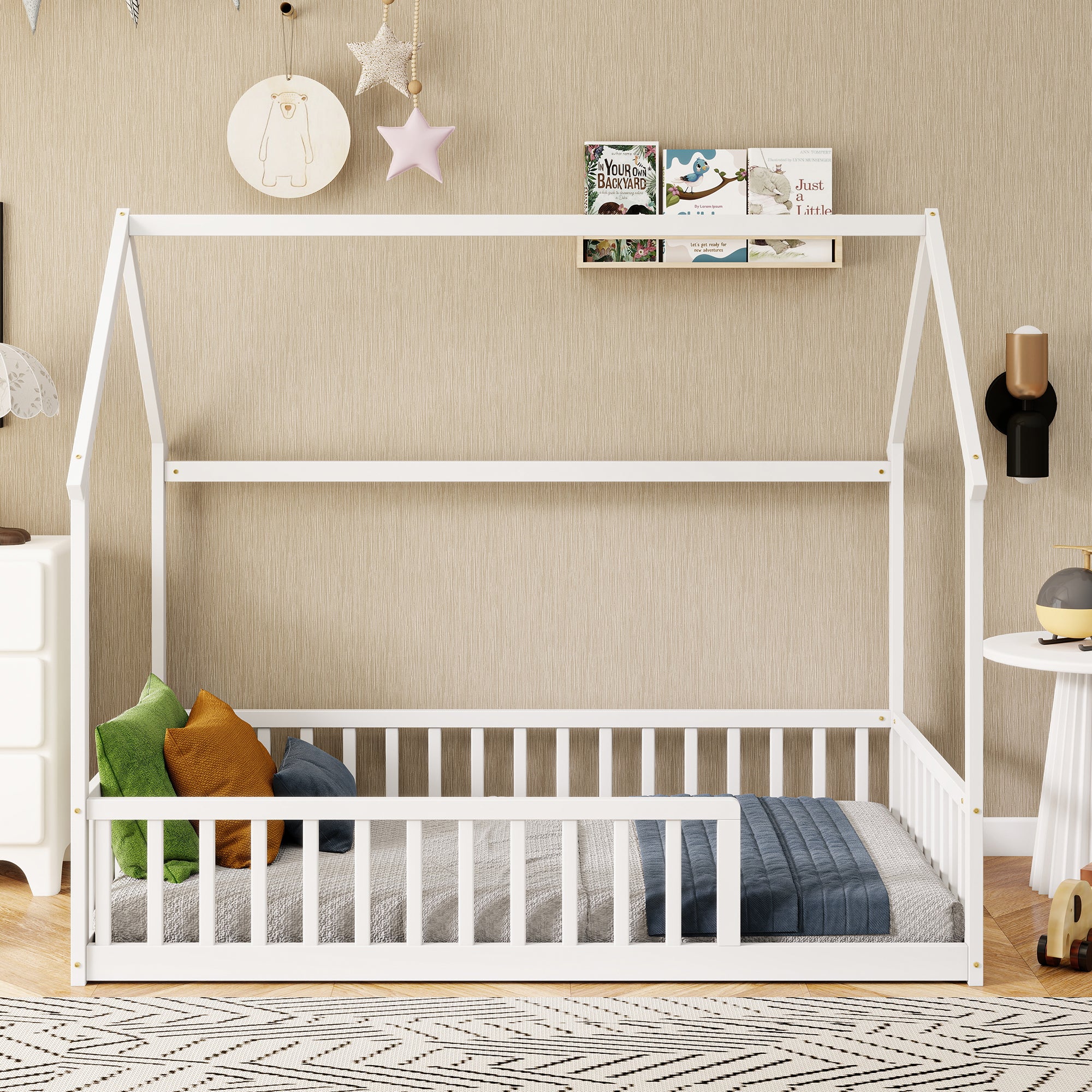 Twin Size House Floor Bed with Roof Frame ,Pine Wood Floor Bed with Safety Guardrails,White