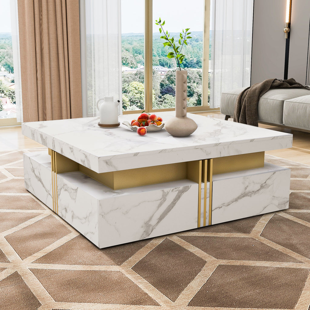 Square Storage Coffee Table — 4 Drawers & Gold Accents