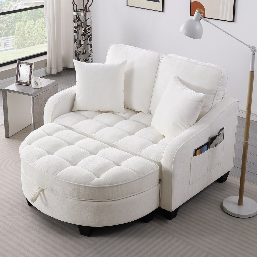 Beige corduroy 2-seater sofa chaise with storage footrest — front view