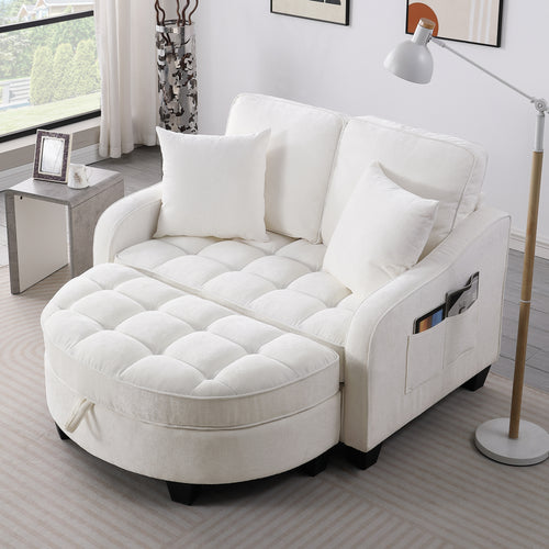 Beige corduroy 2-seater sofa chaise with storage footrest — front view