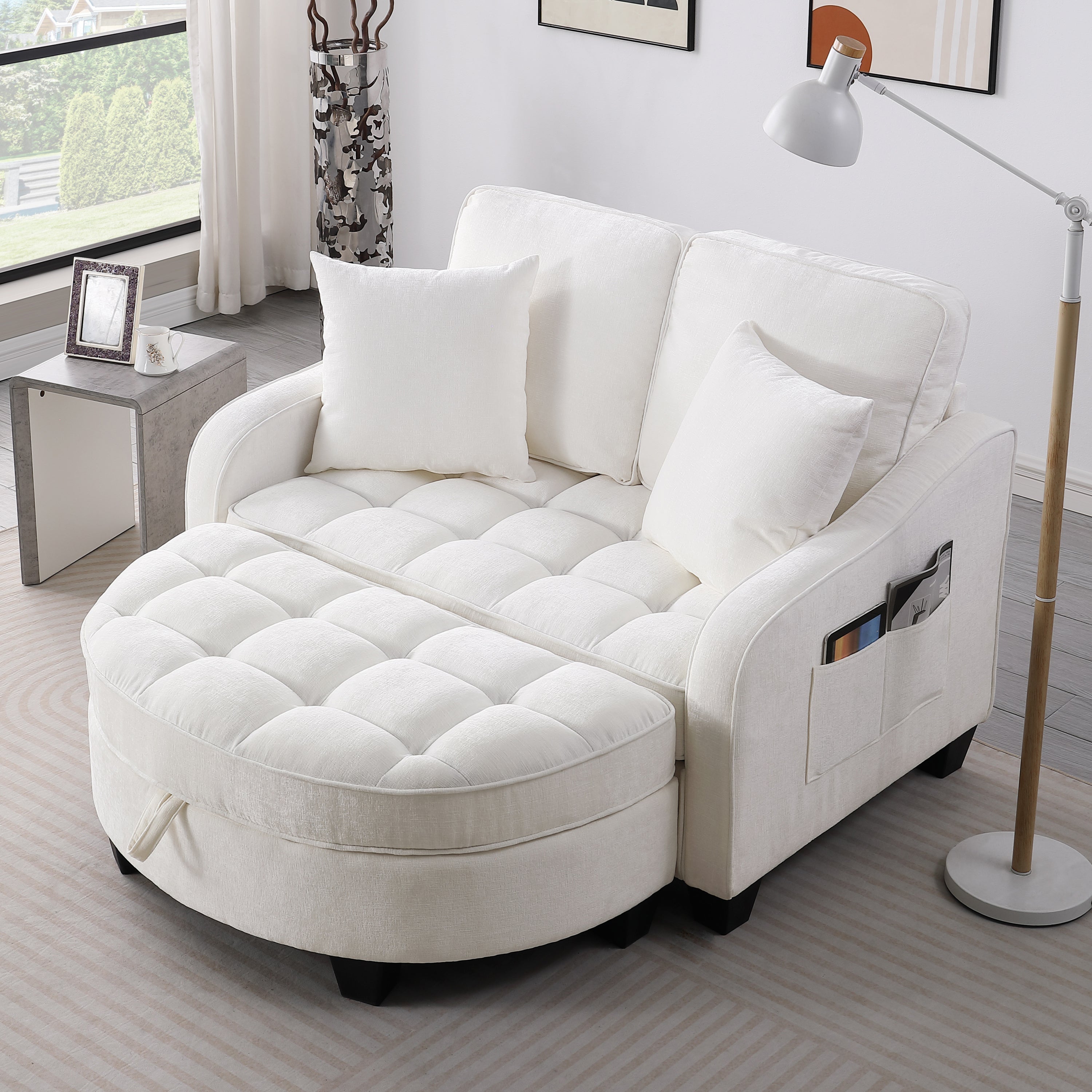 Corduroy 2-Seater Sofa Chaise — Storage Footrest & 2 Pillows, 42.7" Wide