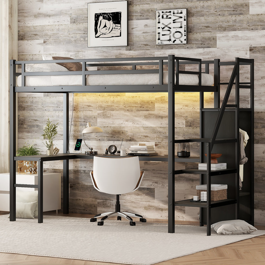 Black metal loft bed with L-shaped desk and USB charging station