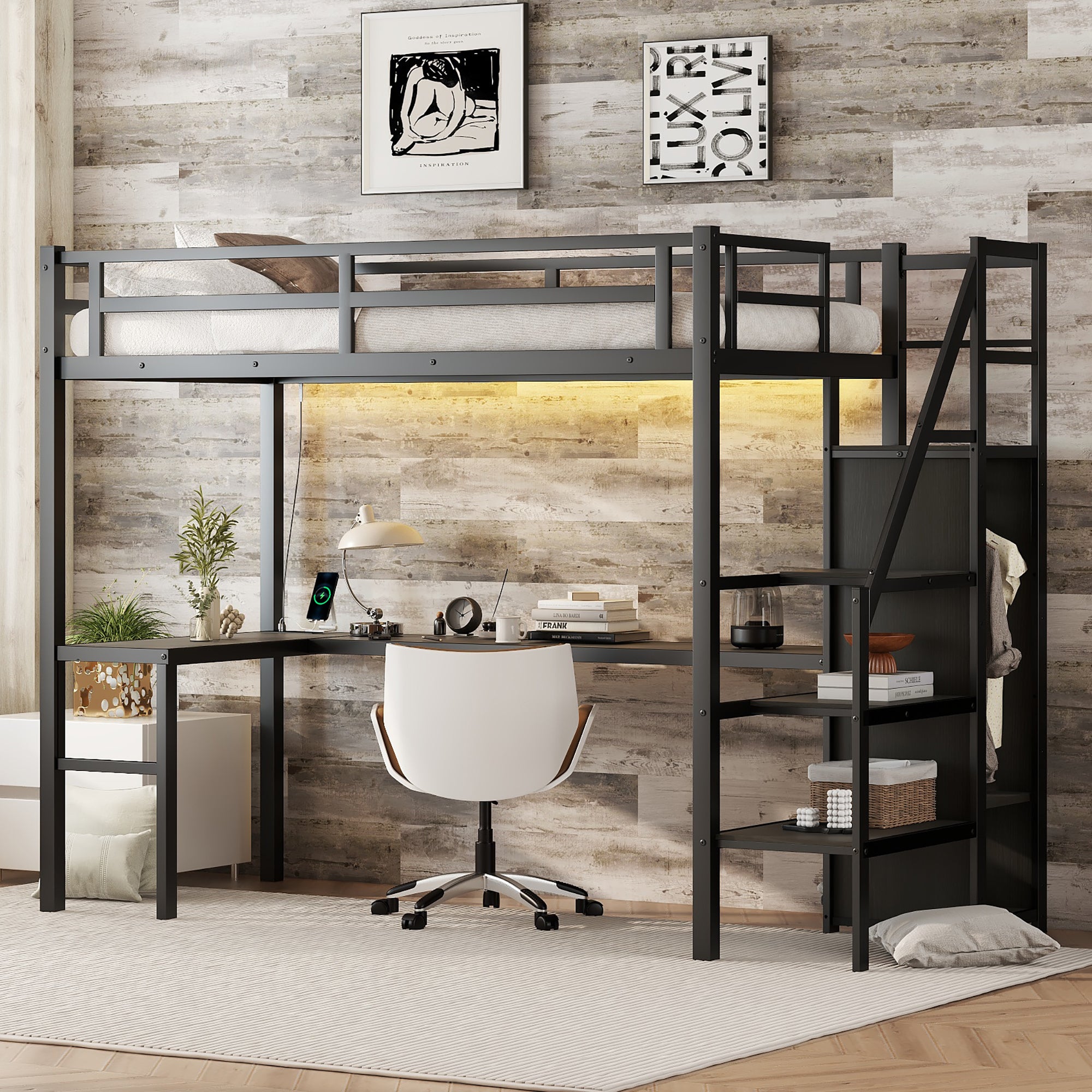 Black metal loft bed with L-shaped desk and USB charging station