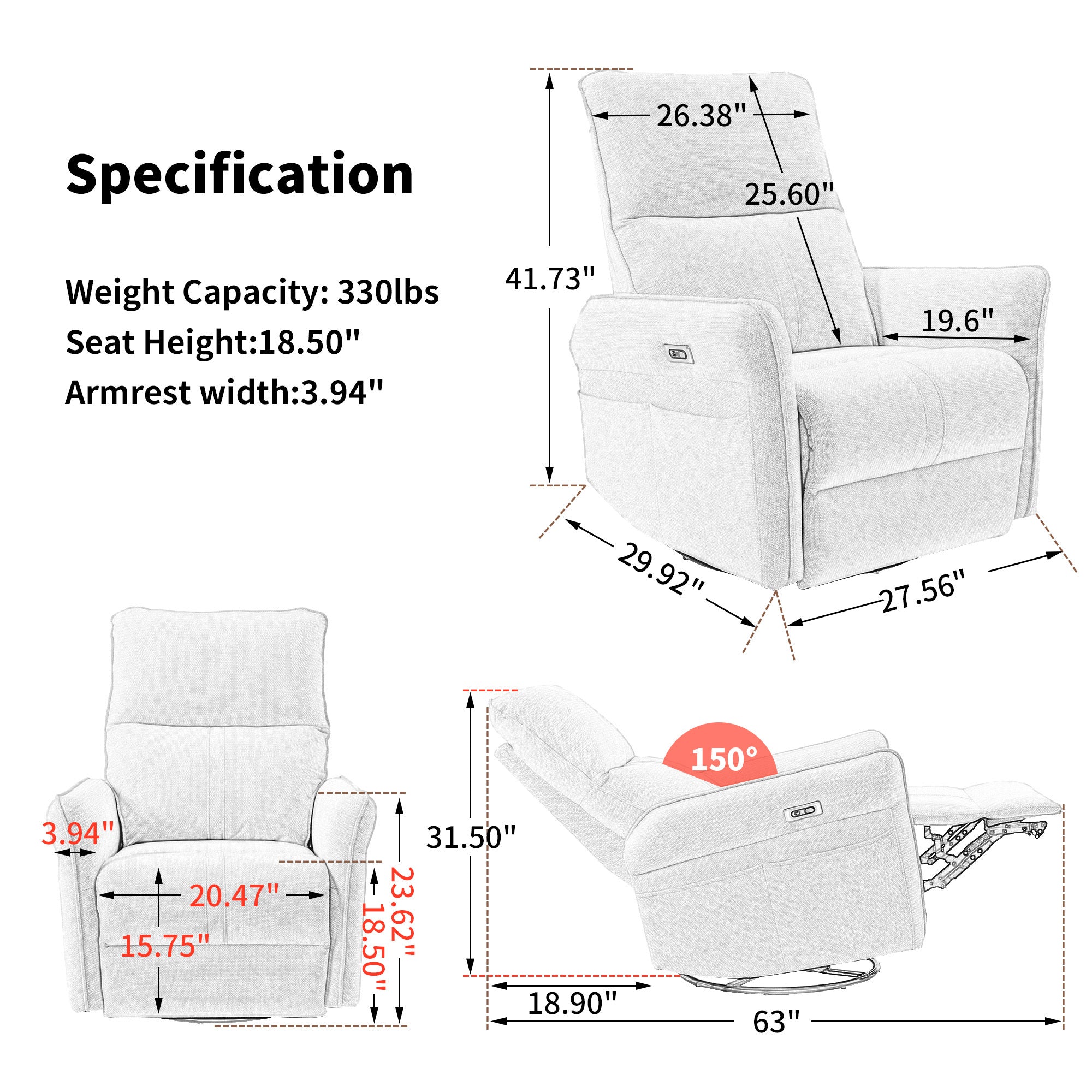 Light gray recliner with side storage pockets — detail