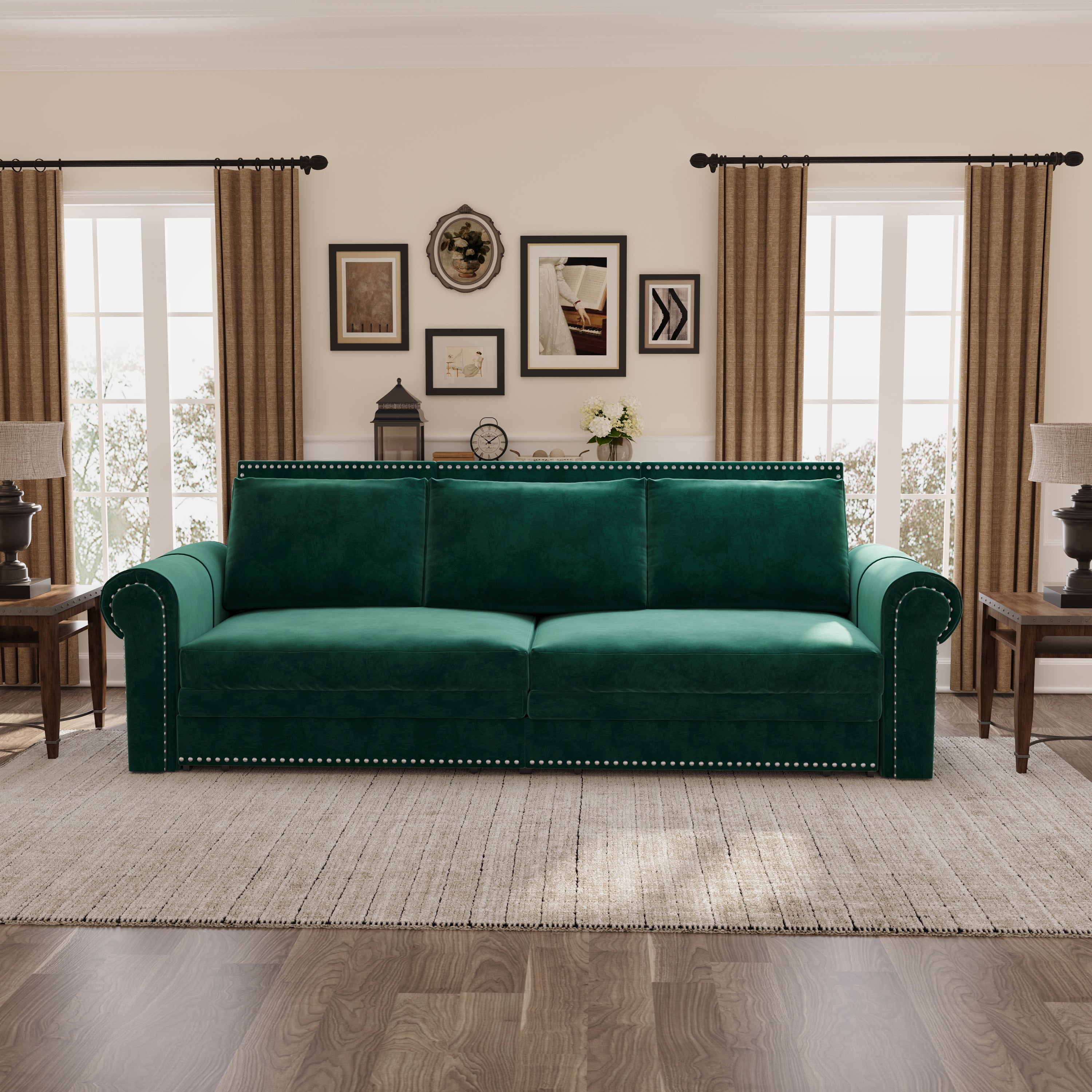 Green velvet upholstery and nailhead trim close-up
