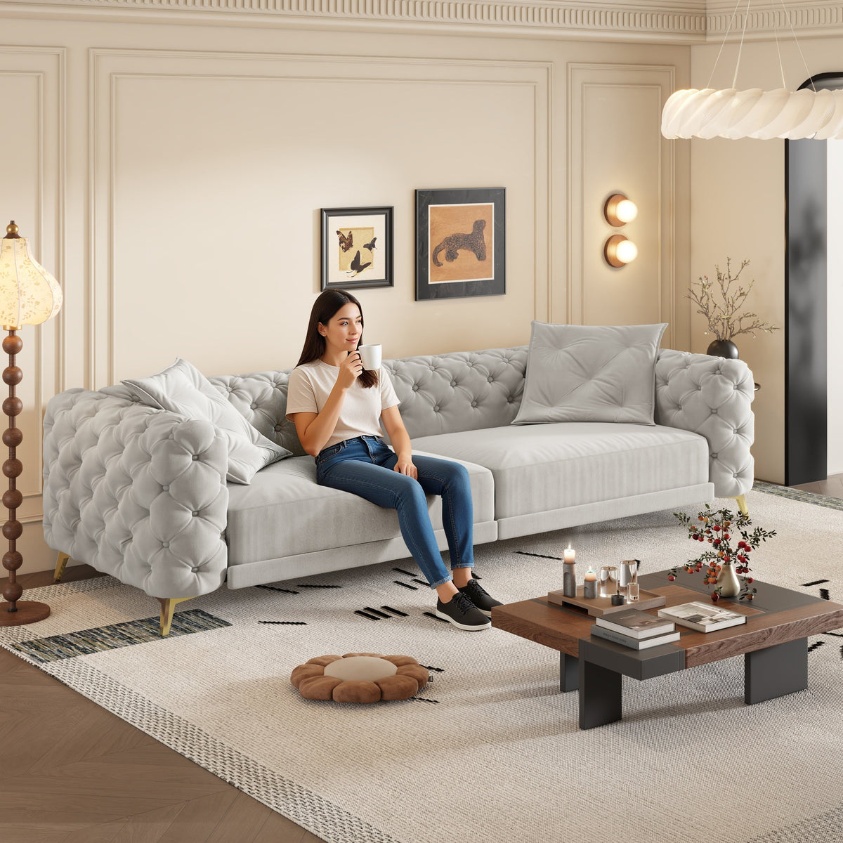 97.7' 3-in-1 Convertible Sleeper Sofa, 28.4' Deep Seat Pull Out Sofa Bed,Button Tufted Modern Sofa, 4-Seater Couch with Movable Ottoman for Apartment, Office, Bedroom,Beige/White
